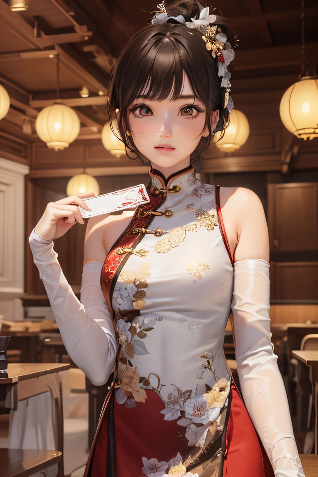 ((Best quality,tmasterpiece,A high resolution,CG)),tmasterpiece,Need,(Chess elements),(Light Chinese style:1.3),Straight brown hair,The top is white,The skirt is red,Sculpt the sleeveless cheongsam(Bare shoulders, no chest, no chest),Chess and card element hair accessories,Chess and card element pattern,goddes,Ultra-realistic realistic 3D,No streamers,(Fine hands),(Playing cards in hand),Wearing a fur shawl
