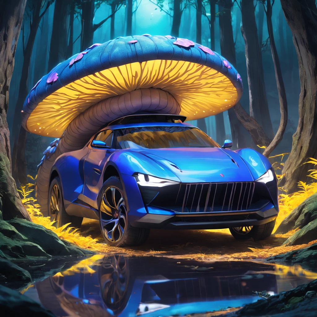 3D photo realistic ray SUV car. Detailed purple and yellow leaves.  Alien landscape, Blue glowing mushroom. Hidden Chinese dragon，Mysterious technology deep in the woods