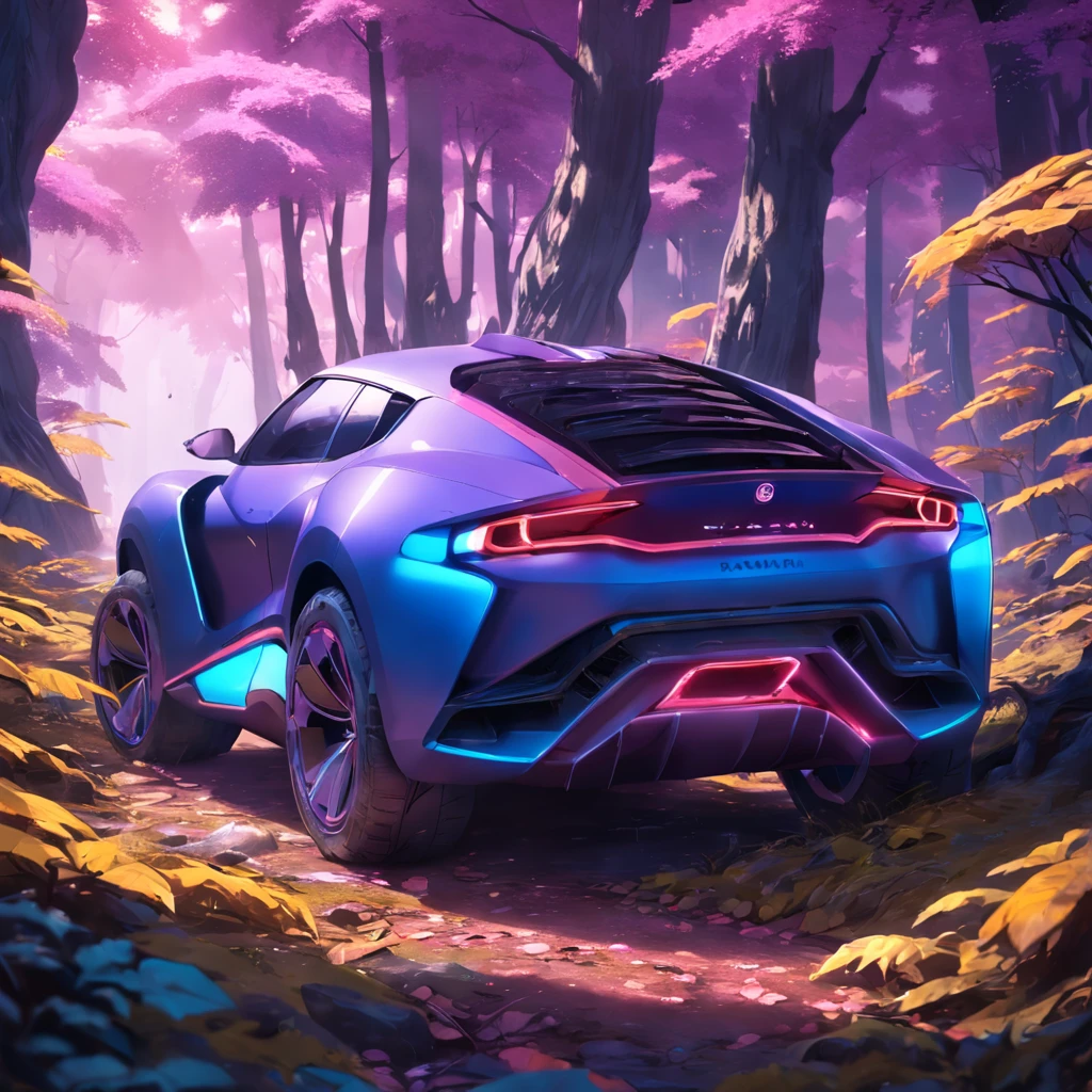 3D photo realistic ray SUV car. Detailed purple and yellow leaves. Alien landscape, Blue glowing mushroom. Hidden Chinese dragon,Mysterious technology deep in the woods
