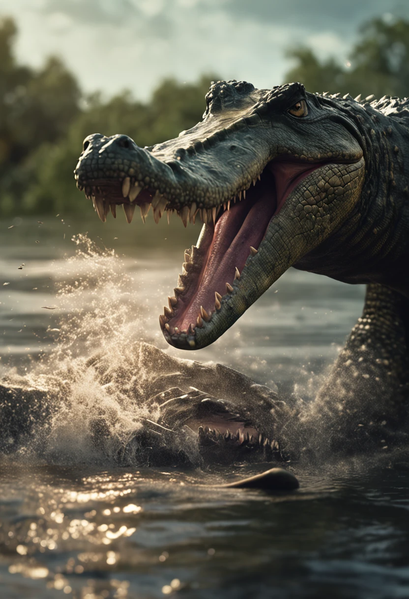 Crocodiles attack people, Dim light, Realistic, Highly detailed