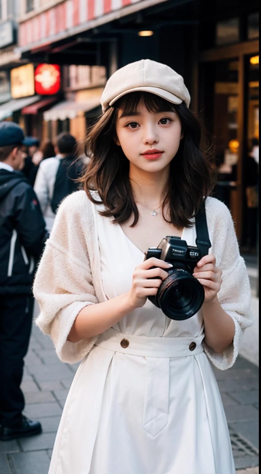 teens girl，Photography enthusiasts，Number of hats，Camera in hand，holding a camera，gentle and cute，short detailed hair，the city street