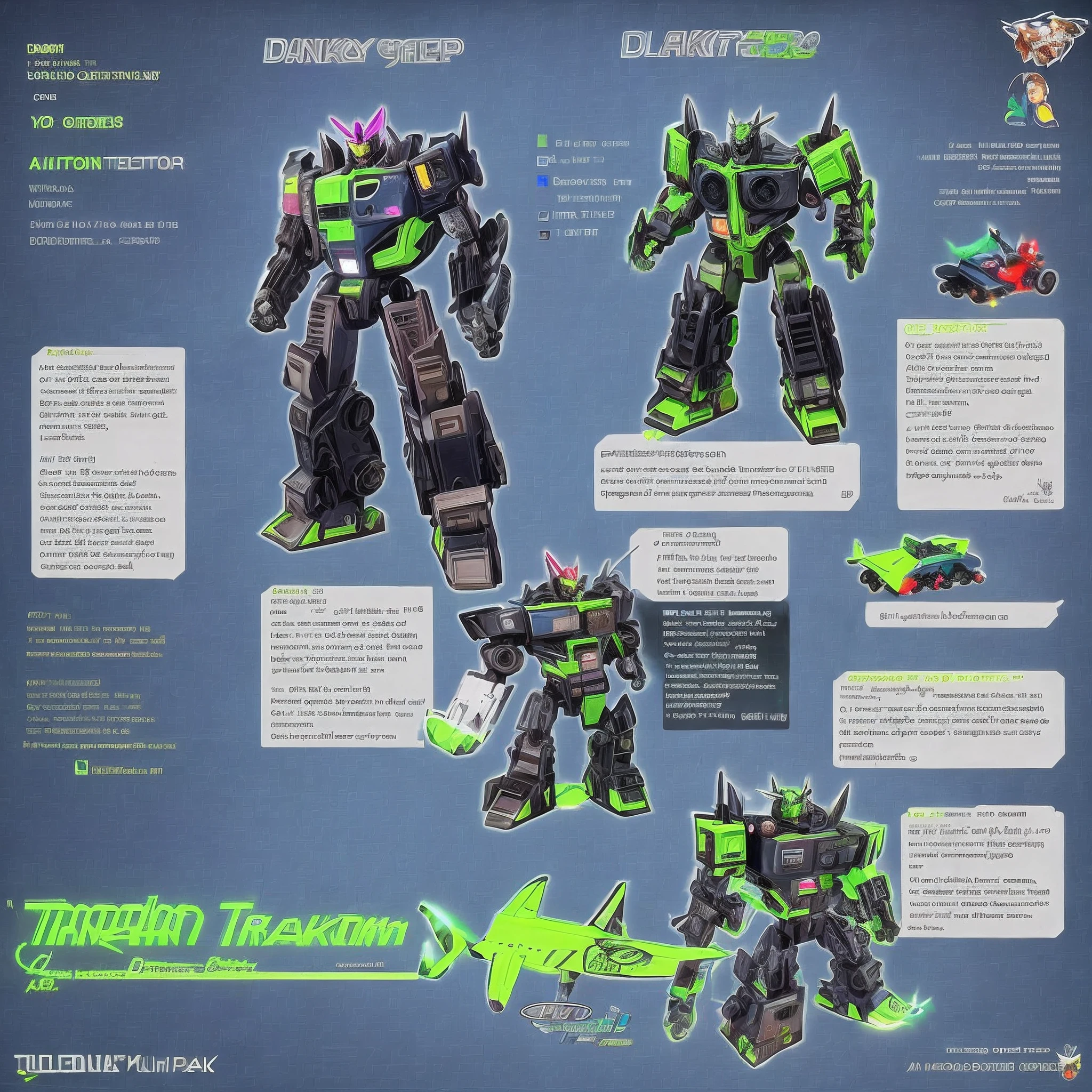 a very very very skinny dark blue and neon green transformer wrecker full character reference sheet with airplane like properties