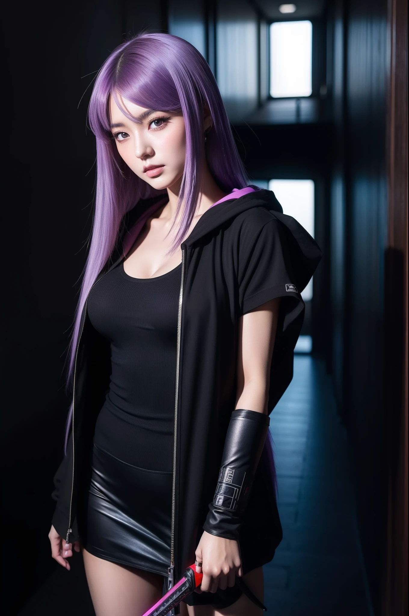 anime girl in a black outfit with a sword in her hand, very beautiful cyberpunk samurai, digital cyberpunk anime art, anime cyberpunk art, cyberpunk anime girl mech, cyberpunk anime girl, cyberpunk anime art, female cyberpunk anime girl, cyberpunk geisha, digital cyberpunk - anime art, cyberpunk samurai, anime style 4 k, badass anime 8 k, cyberpunk anime girl in hoodie, beautiful south korean woman, korean girl, beautiful young korean woman, korean woman, heonhwa choe, korean women's fashion model, sexy look, big breast, sexy pose, show breast, light purple hair
