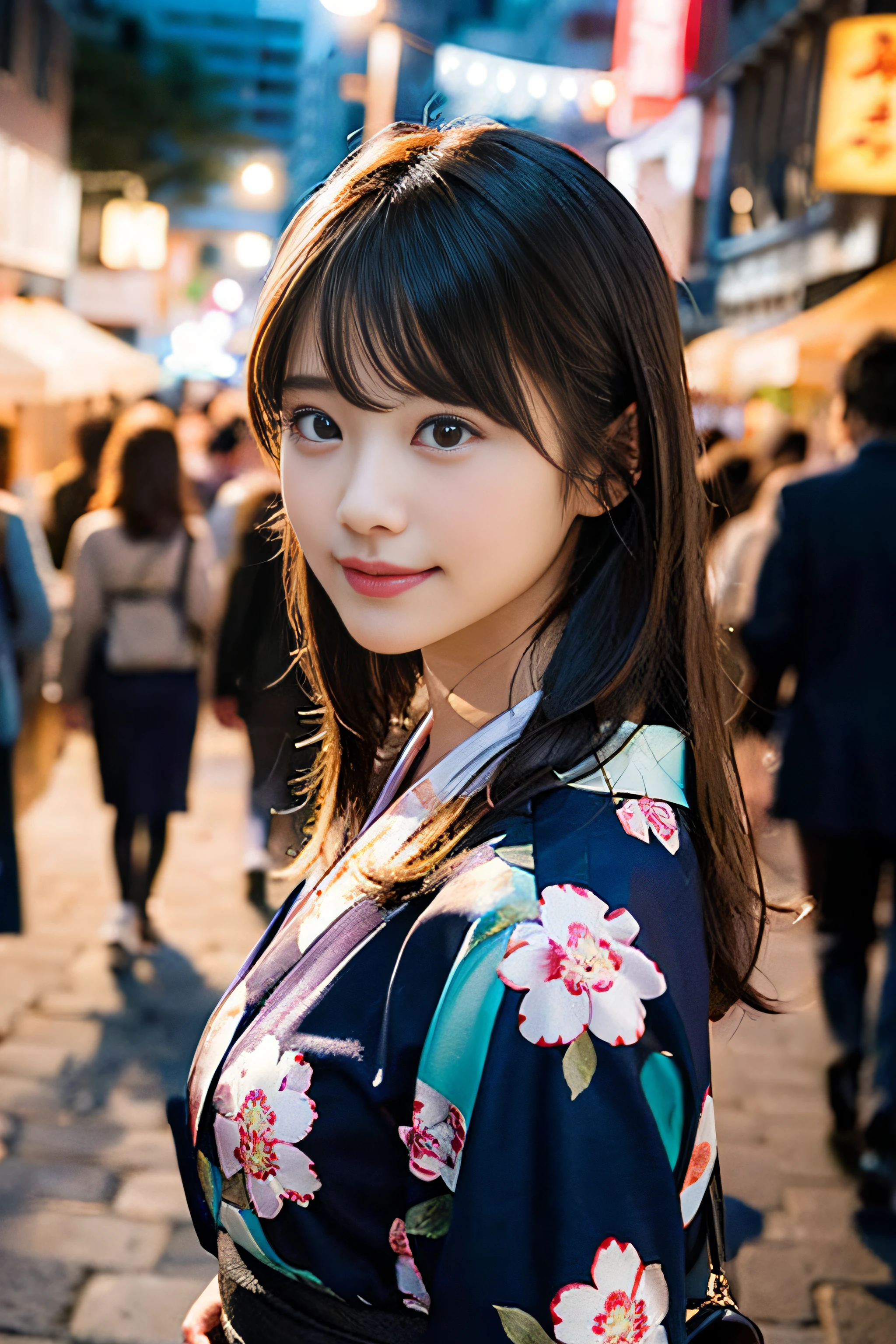 (8K、Raw photography、top-quality、masterpiece:1.2)、(realisitic、Photorealsitic:1.37)、ultra-detailliert、超A high resolution、女の子1人、beautifull detailed face、A smile、Constriction、(Slim waist) :1.3)、Beautiful detailed skin、Skin Texture、Floating hair、Professional Lighting、Whole human body、Longhaire、a blond、Japan floral yukata、matsuri、In the street、sparklers、Bob Hair、Rear view、Facing to the side