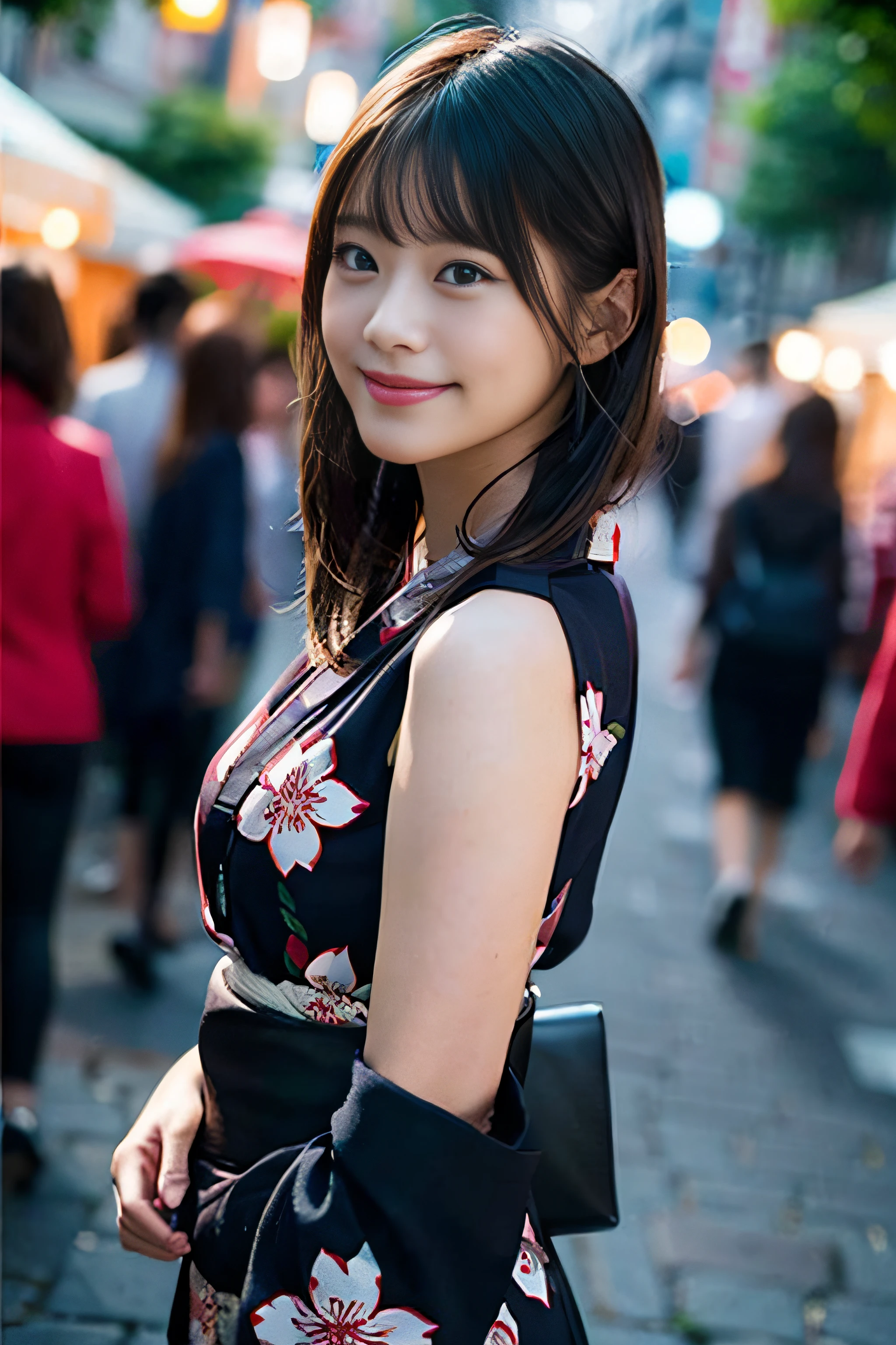 (8K、Raw photography、top-quality、masterpiece:1.2)、(realisitic、Photorealsitic:1.37)、ultra-detailliert、超A high resolution、女の子1人、beautifull detailed face、A smile、Constriction、(Slim waist) :1.3)、Beautiful detailed skin、Skin Texture、Floating hair、Professional Lighting、Whole human body、Longhaire、a blond、Japan floral yukata、matsuri、In the street、sparklers、Bob Hair、Rear view、Facing to the side
