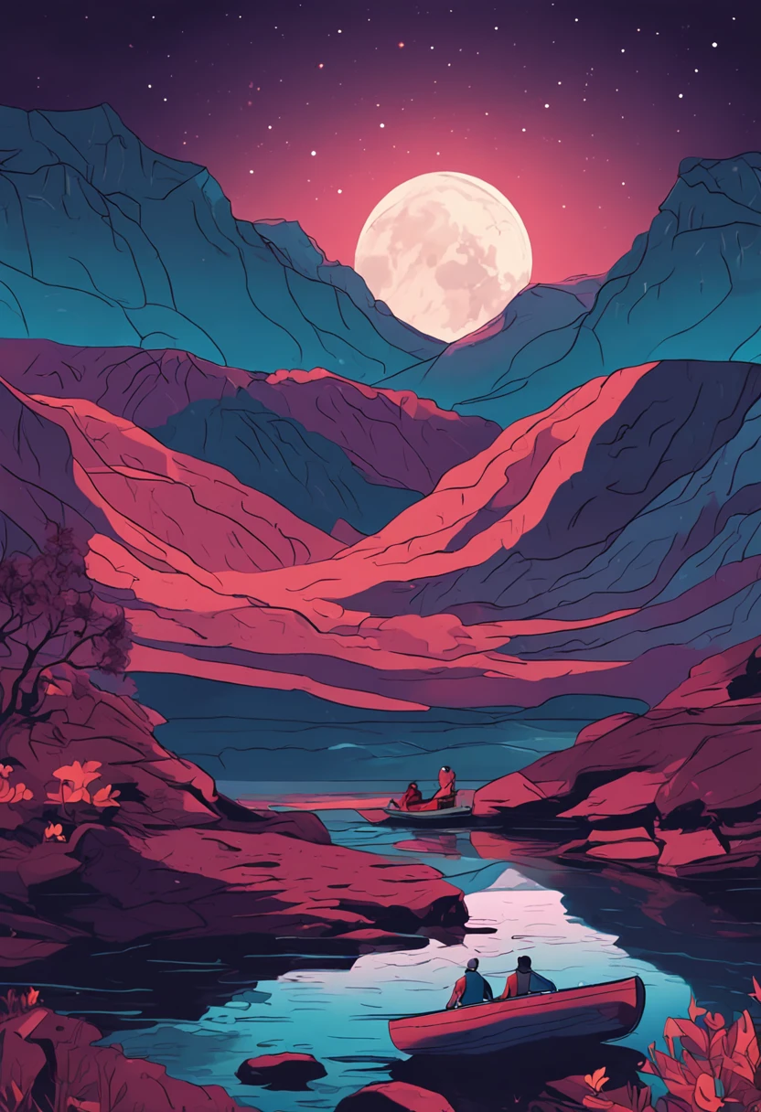 a river with mountains in the background. The river is in shades of blue. 2 man is canoeing in the middle. It is night, there is a crescent in the night sky with stars.