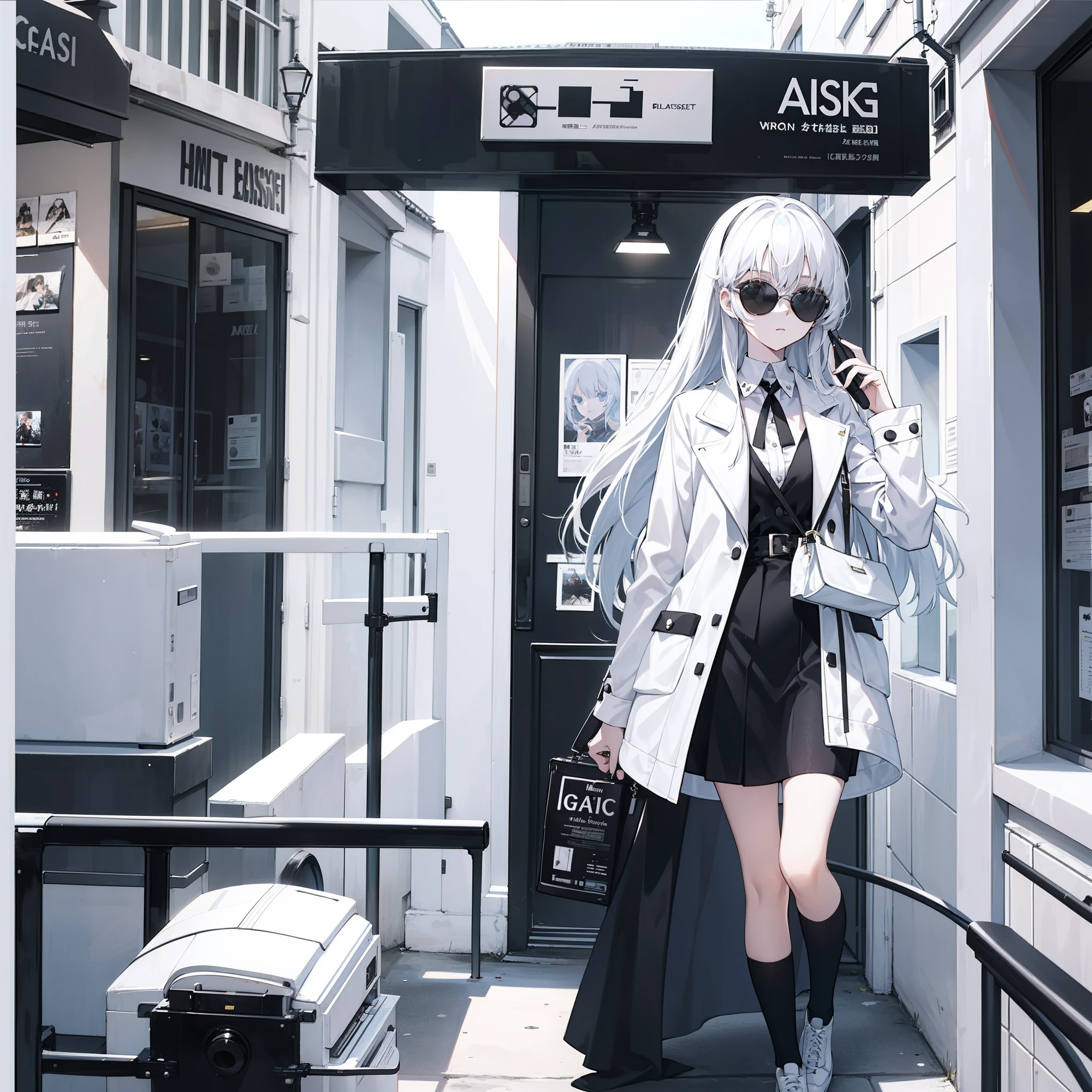 A girl,White color hair,long whitr hair,Wearing black sunglasses,self-assured,Fashionab,filmposter