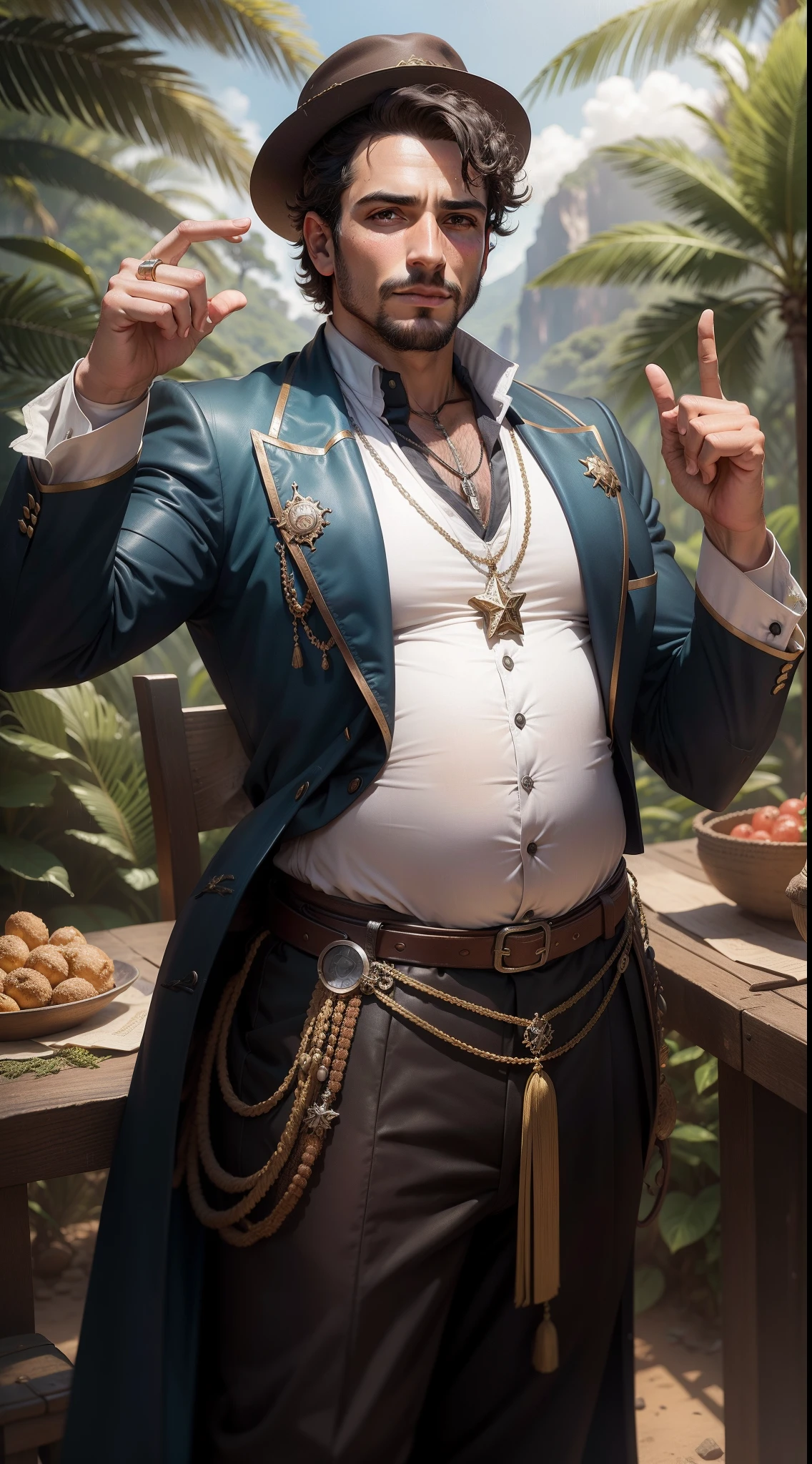 Fernao de Noronha, man, trader, ambassador, Jewish, rich clothes, greed, realistic, pioneer, energetic, 1hand pointing far away, work for Fugger family, 16th century, renaissance, age of exploration, AGE oF 32, fat, background is brazil rain forest