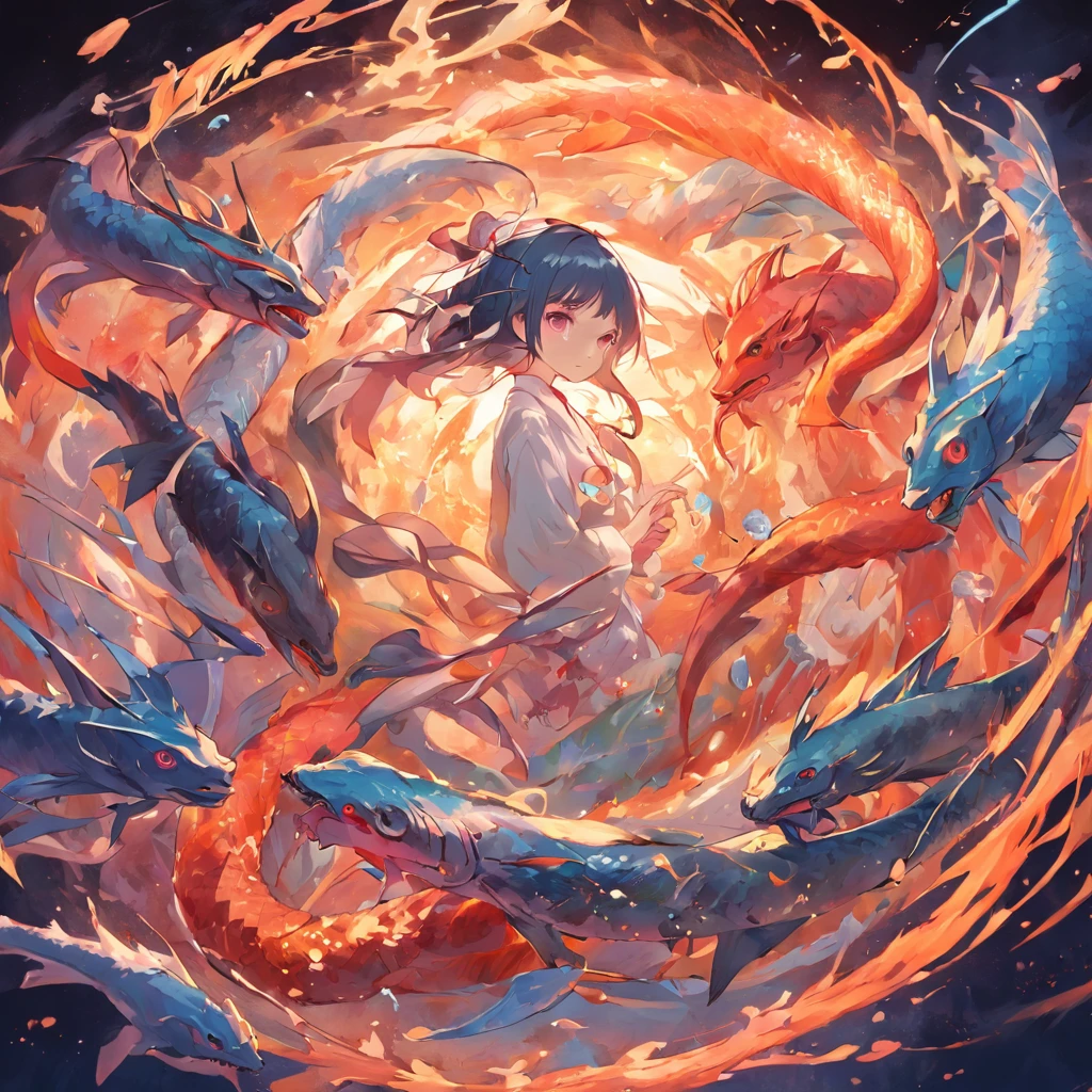 masterpiece, colorful composition, circle of (dragon and fish biting each other), circular , 4k, realistic