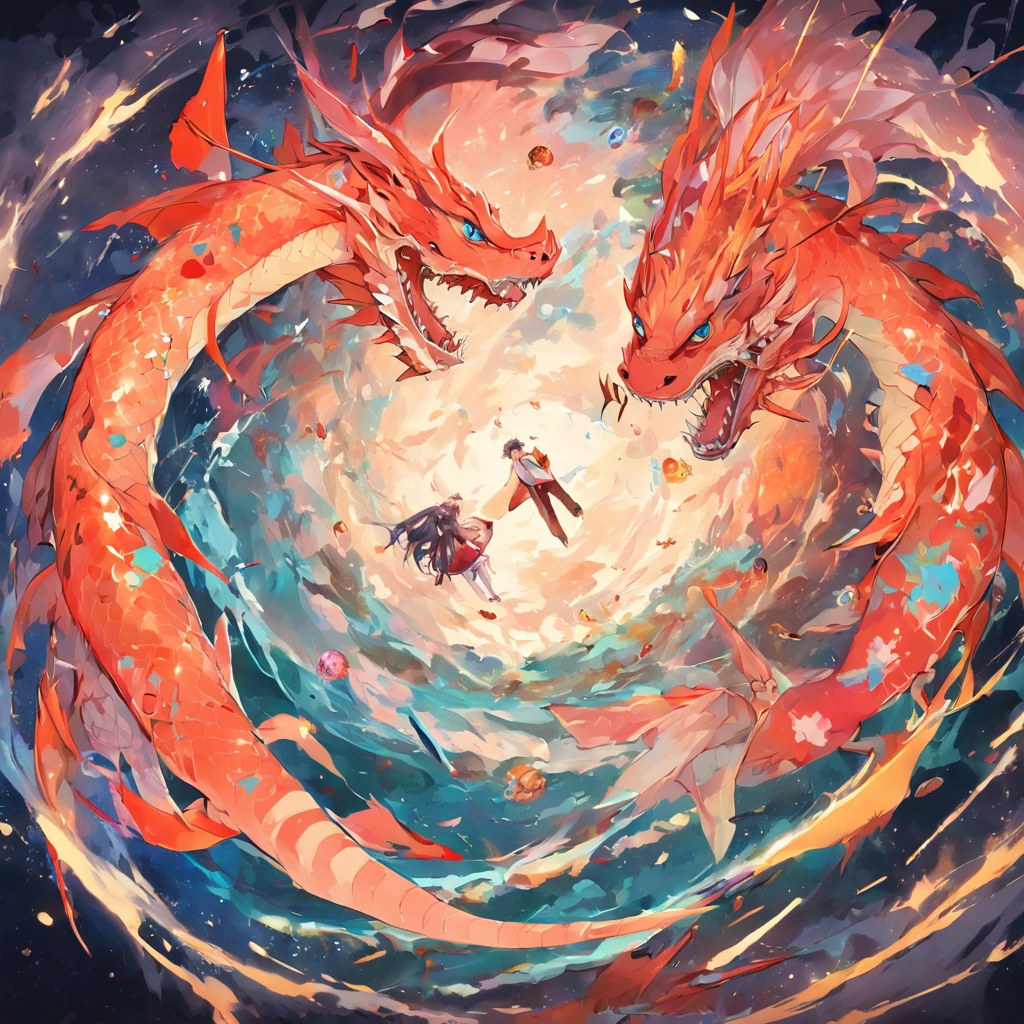 masterpiece, colorful composition, circle of (dragon and fish biting each other), circular , 4k, realistic