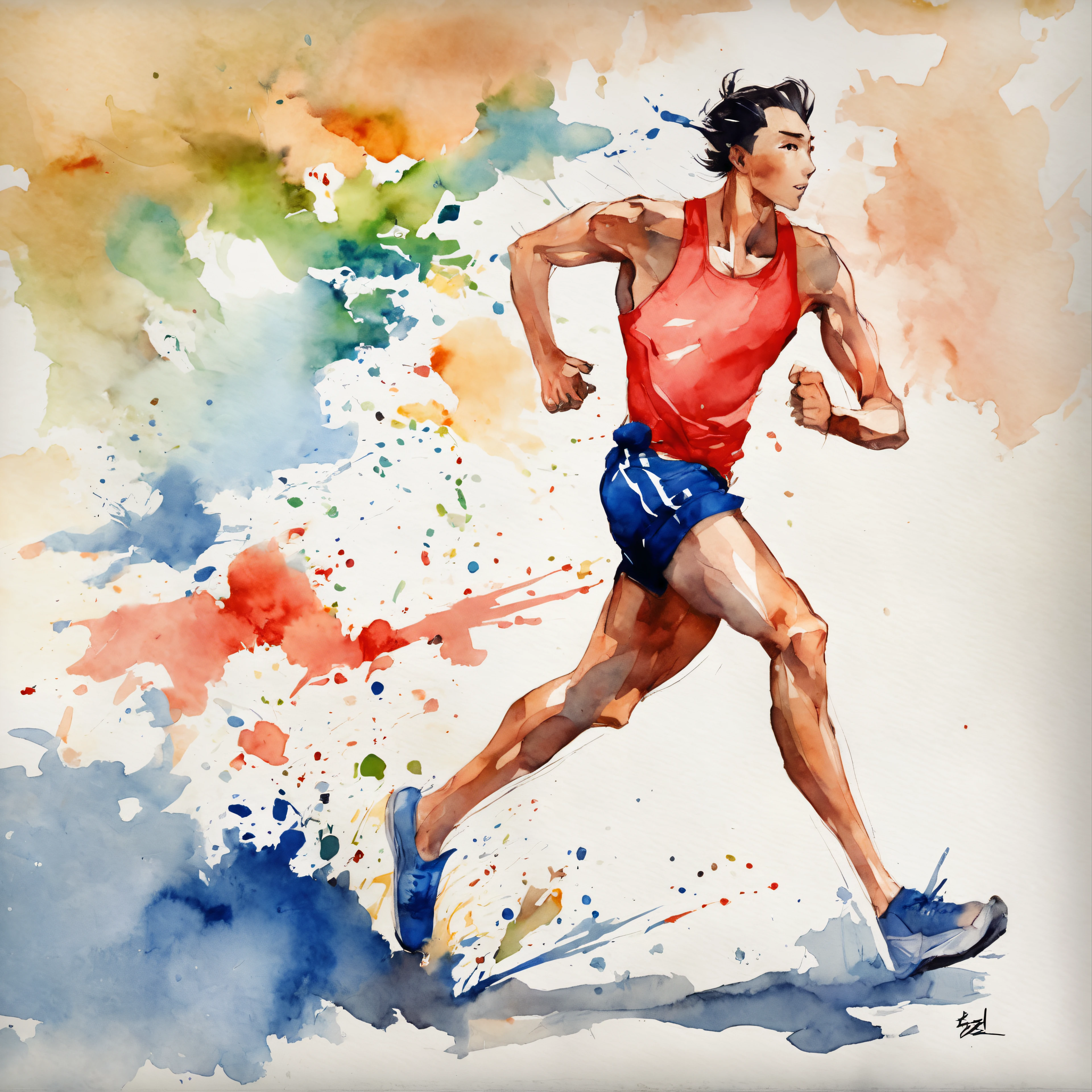 1man, socks, sneakers, red shorts, blue shirt, geometric multidimensional, art, beautiful, colorful, masterpieces, top quality, best quality, official art, beautiful and aesthetic, running, running track, track and field, bloom, track, race, asian, full body.