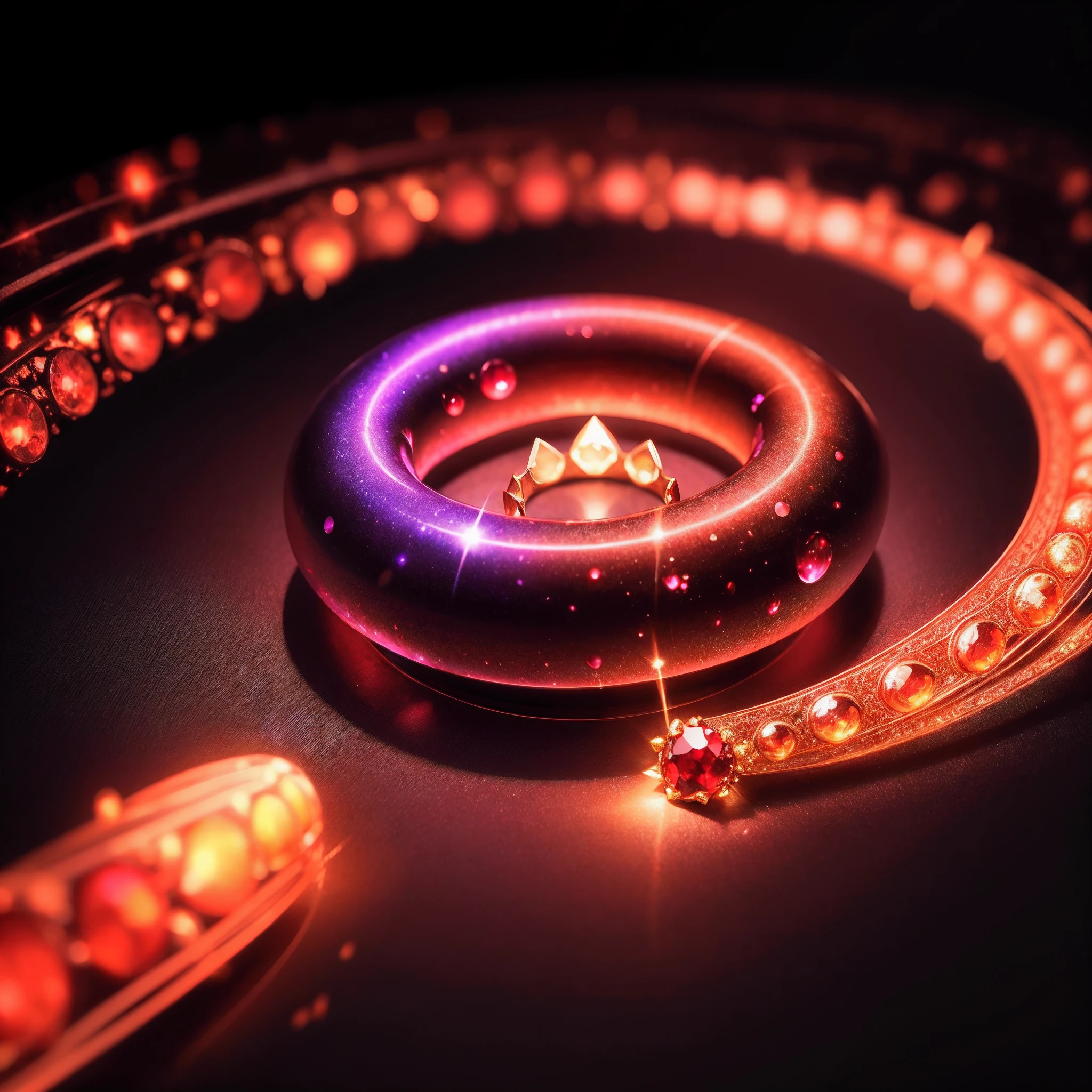 ,masterpiece, best quality,8k, ultra highres,An ancient ring floats in the boundless void,It is woven from galactic stardust,Shimmering with a mysterious purple light。The ring is set with a huge ruby,It burns like a flame,Exudes a charming warm glow。Its detailed depiction is extremely exquisite,The surface of the ruby seems to be moving tiny tongues of fire,Amazing。The brilliant light and shadow effect illuminates the void around the ring,It's like being in a magical fantasy。