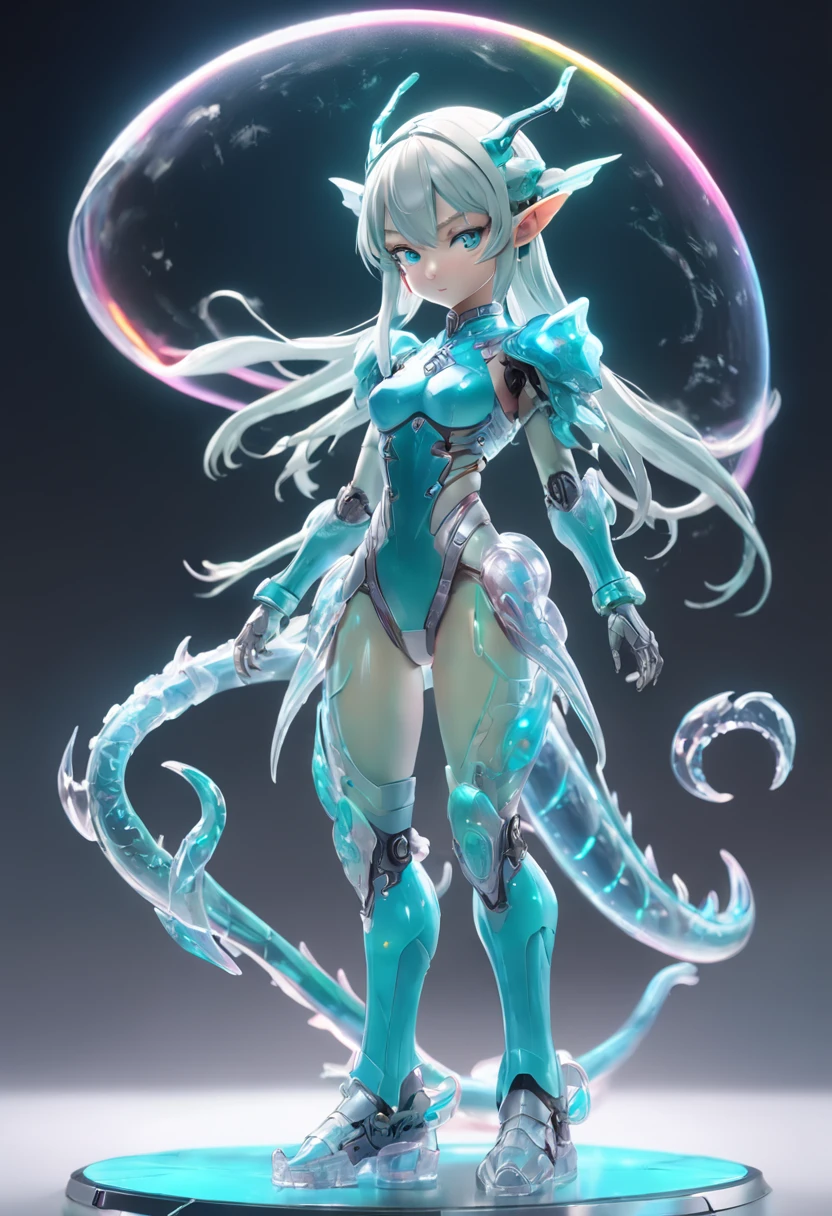 chinesedragon, (Blind box toy style:1.2), (Full body shot) , 1 Transparent adult female elf,Behind him is 2 transparent Chinese dragon, Transparent mech, Exquisite helmet:1.2, Luminous goggles:1.2, Cyberpunk, dreamy glow, luminous neon lights, Clean, White background, ( Global illumination, Ray traching, hdr, unreal render,reasonable design, high detal, Masterpiece, Best quality, hyper HD, Cinematic lighting)