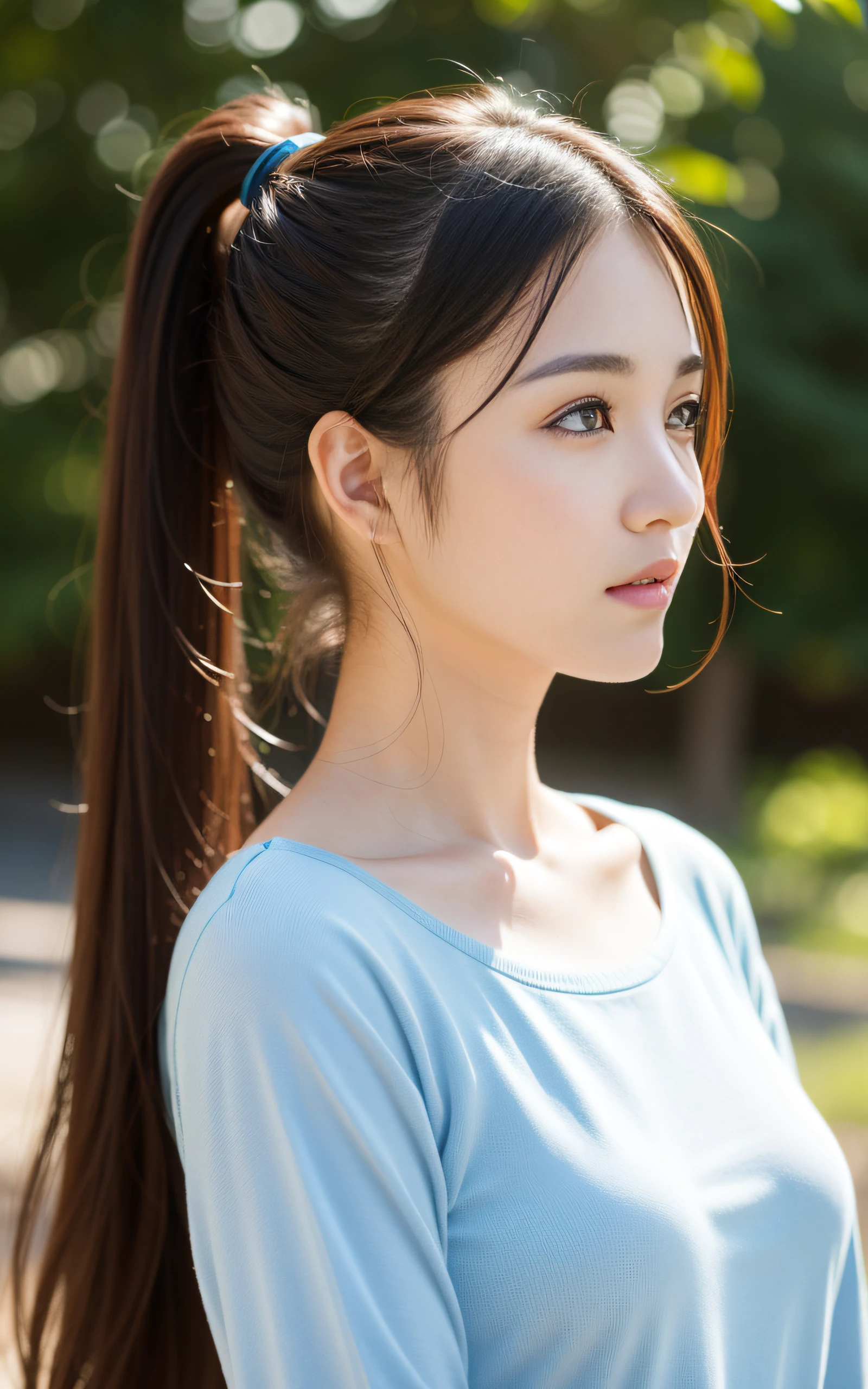 ((Best Quality, 8K, masutepiece: 1.3)), (Sharp Focus: 1.2), 1 girl, face shot, close-up, Neat and clean beauty, 20 years old, Japanese, looking away, Classy and elegant, slightly open mouth, Cute, Shy, A pretty girl with perfect figure, ((low ponytail hair)), sad, Highly detailed face and skin texture, Detailed eyes, book librar