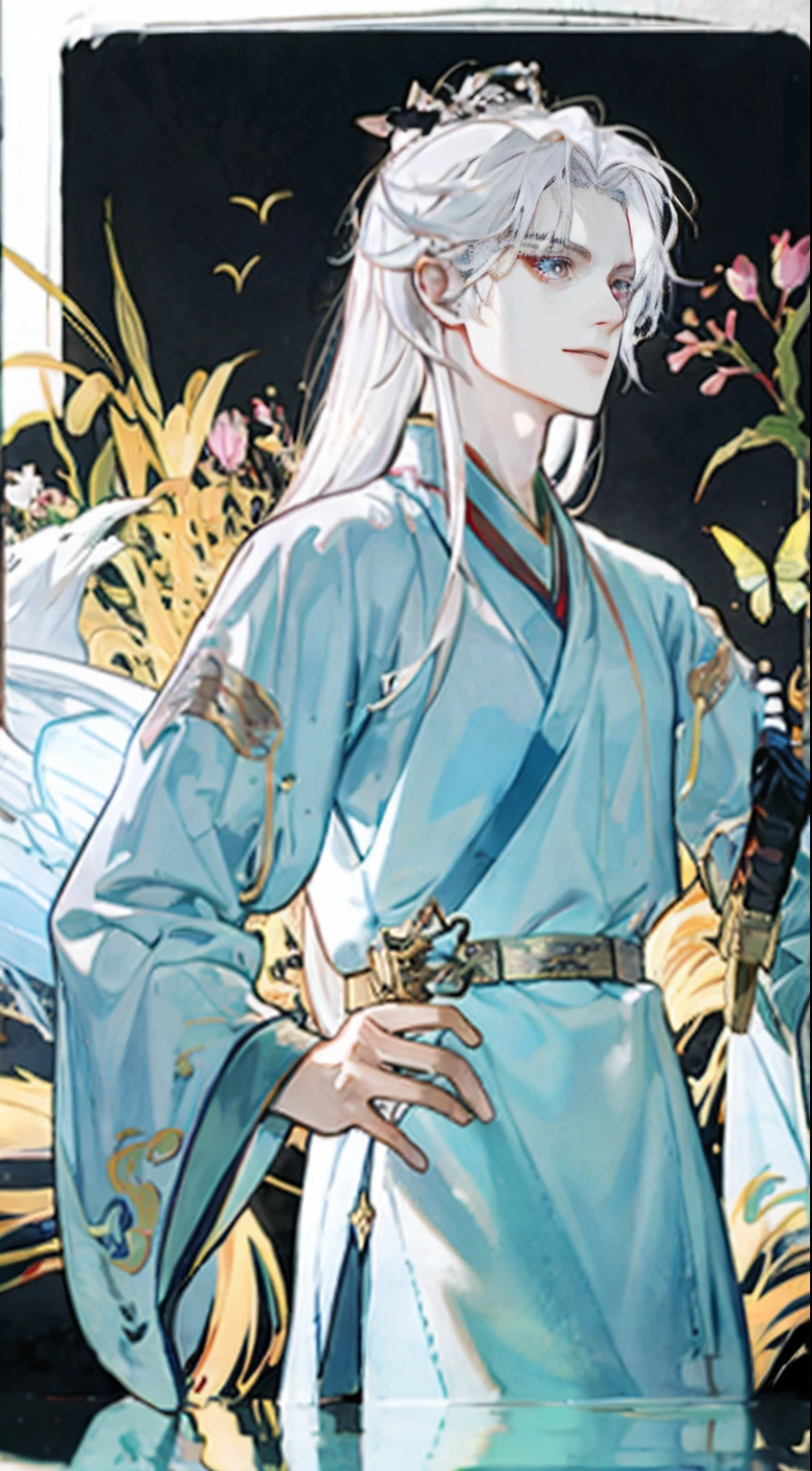 Hanfu,long whitr hair,ellegance,extreme hight detail,Beautiful Boys,Young men,Fluttering hair and clothes,Depicts delicate facial features,Opal-like blue-purple eyes,Long white hair,eardrop,crystal,ruri,shine,sparkling,Diamond-like transparent hair,diamond,Crystal Shard,Wide robe with large sleeves,(absurderes,A high resolution,ultra - detailed),tmasterpiece,best qualtiy,With a sword,独奏,handsome,Extra-long, smooth white hair,详细的脸,Fighting posture,attack pose,wielding sword pose,abstract backgrounds,swirles,spark of light,Magic Vortex,cold shades