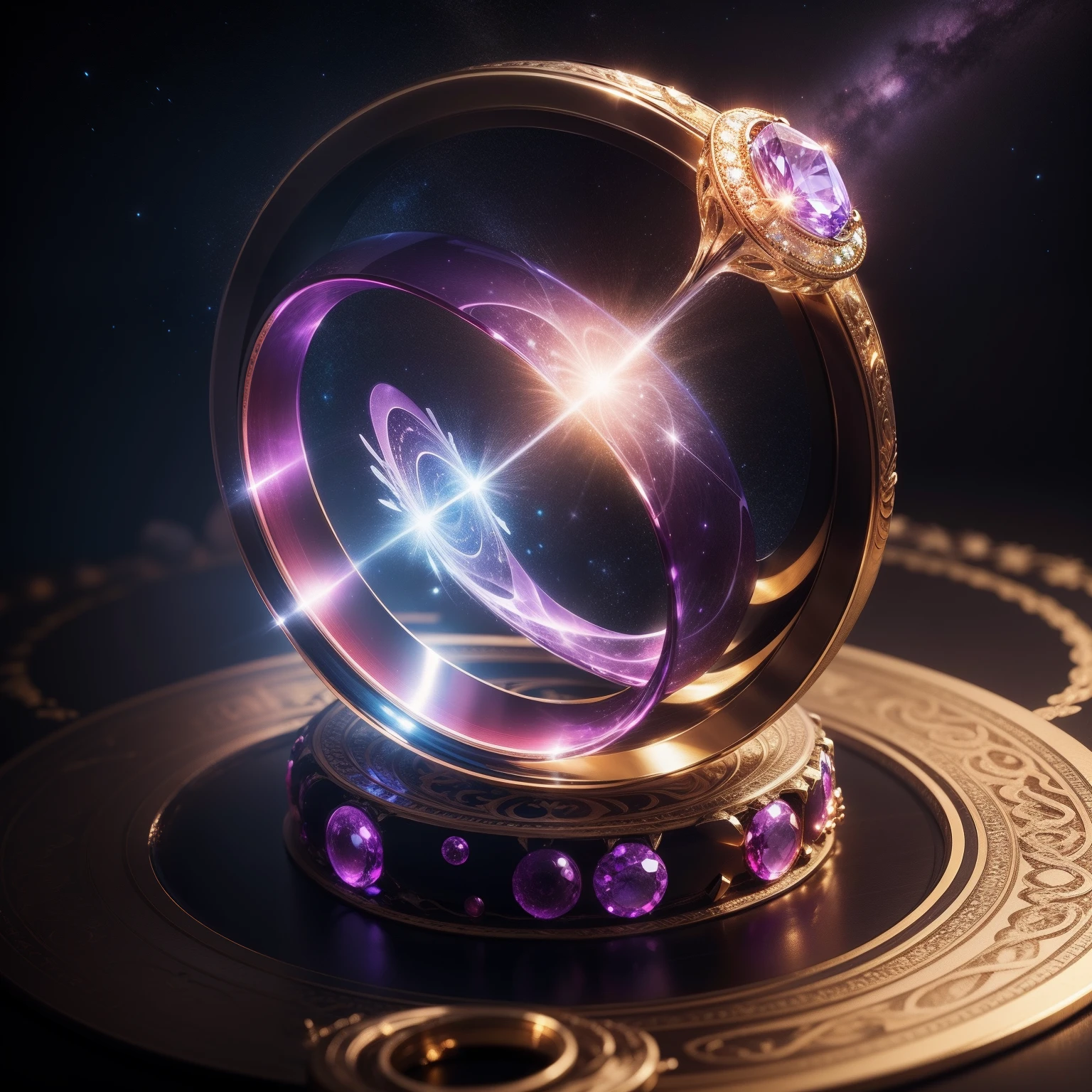 A ring ring，Masterpiece，Best quality, Extremely fine CG unity 8k wallpaper, Best Illustration, Best shadow，Nothing but the ring，No Man, Ring set with phoenix，starrysky，Wrapped around the end from beginning to end，Delicate silver ring，Starry sky in the ring, The sheen，inverted image，Sparkling blue-purple gemstones，Elegant and noble, simple backgound