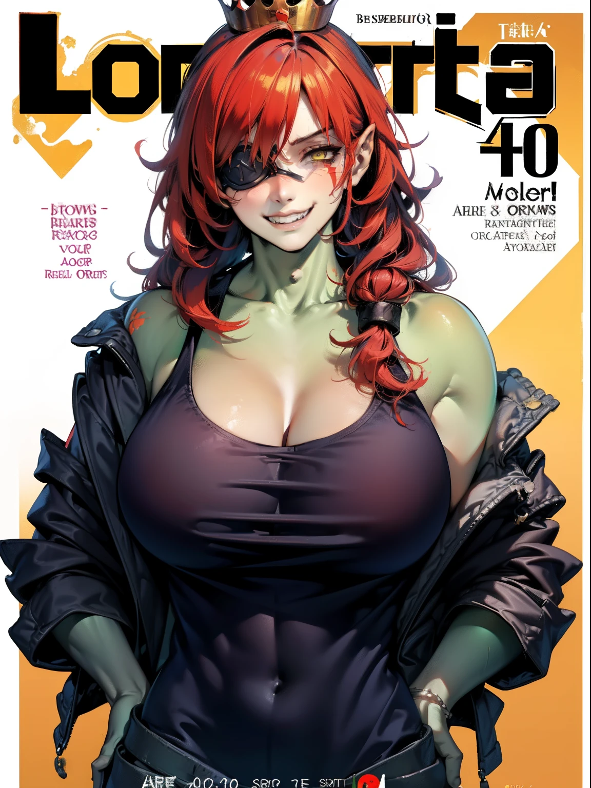 1girl,solo,yellow eyes,red hair,long hair, orc,orc girl,colored skin,green skin,huge breasts,(crown) ,jacket,tank top,eyepatch,muscular female, smirk, upper body,looking at viewer,magazine cover,