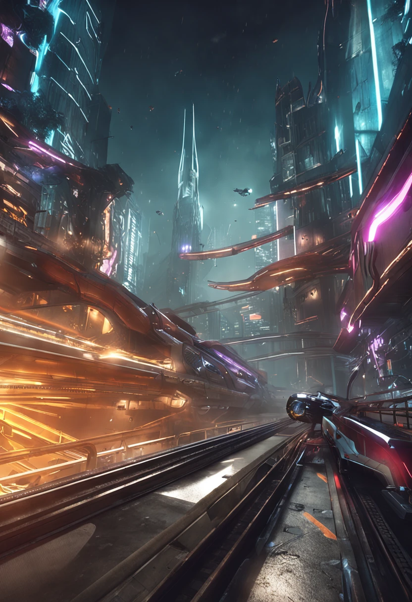 high-speed rail, warframe, Cyber punk city