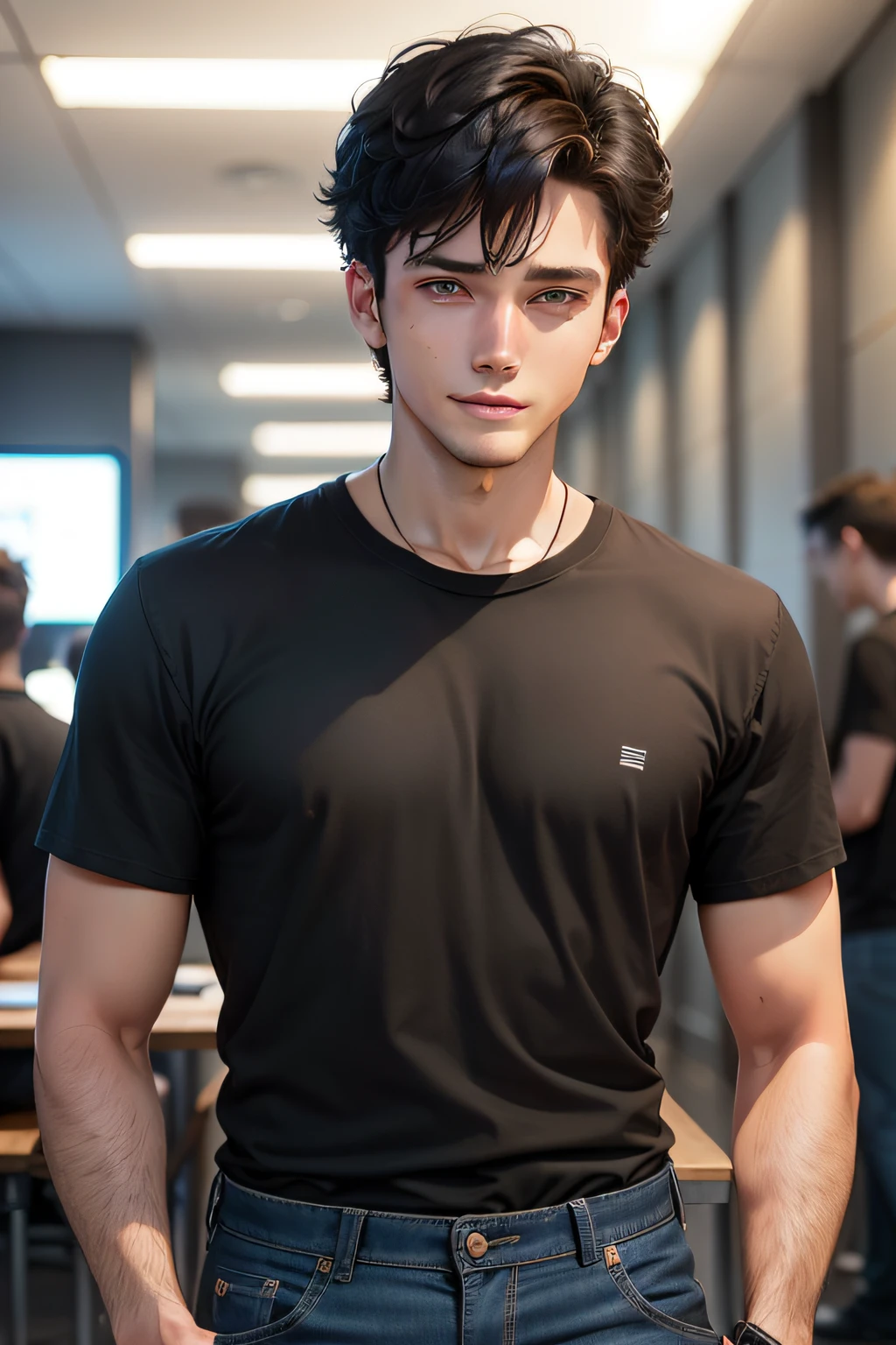 （25-year-old boy，Handsome face，with short black hair，whitet-shirt，blue denim pants：1.4），
（A happy look on his face，Admiring：1.5）
（The background is inside a noisy internet café：1.8）
（Upper body shooting：1.5）