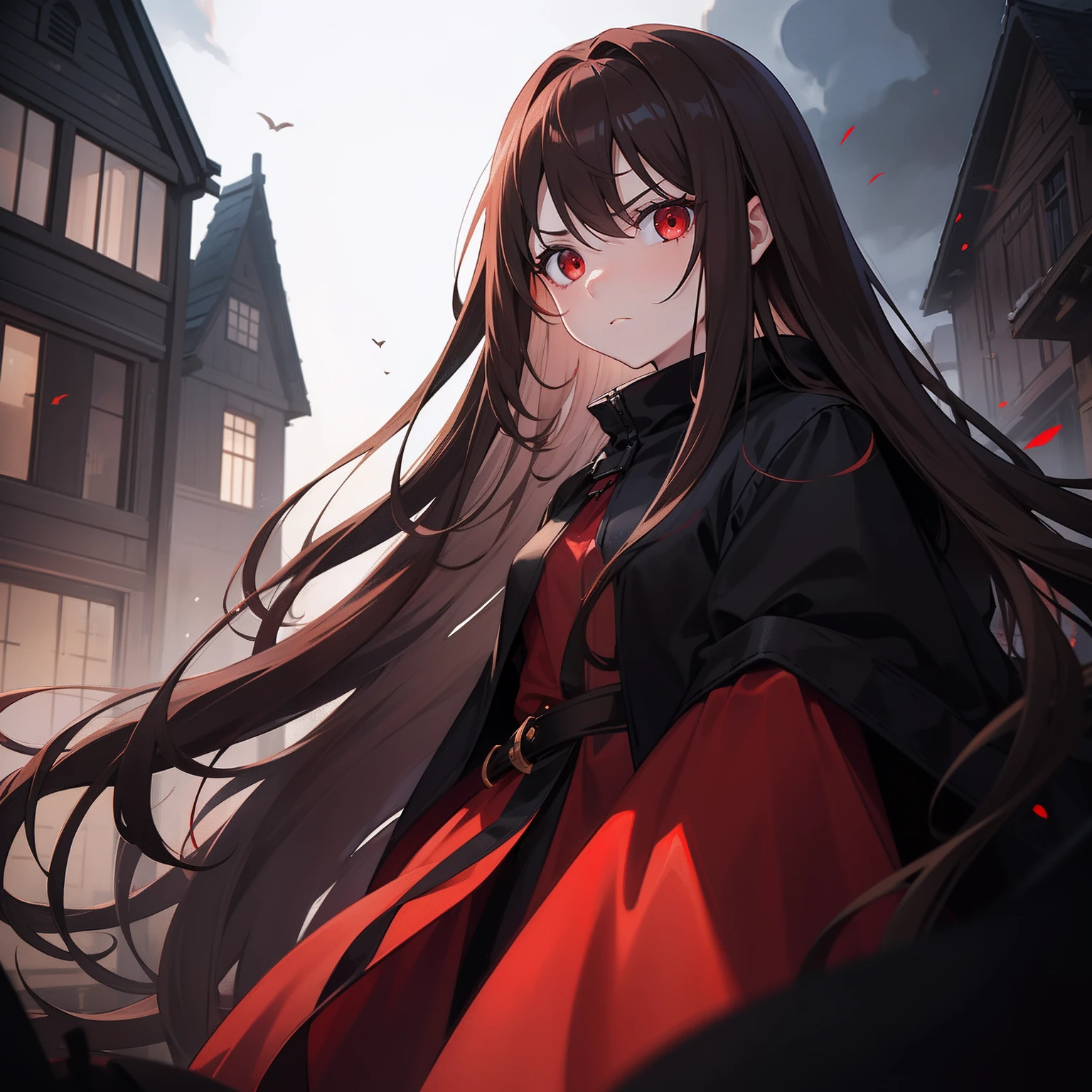girl long brown hair, bright red eyes, serious look, angry, white skin, deep circles under the eyes, Background of a gloomy house with the dark of night, very dark night