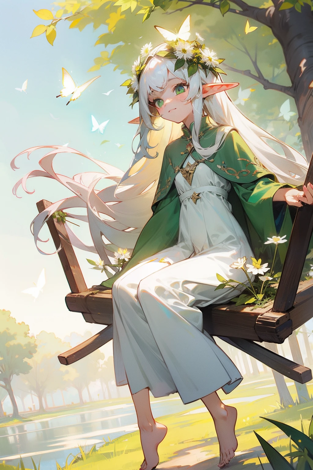 Manhwa Style,whaite hair,longhairwithbangs,the elf,teens girl,Green pupils,Small breasts,There is a big tree behind it,Sit on a tree swing,Colorful butterflies fly next to it,Green meadows,Slim clothes,Long skirt style,The eyes are fixed on the dandelion,Dandelion in hand,Wear a wreath on your head,Barefoot,There are many flowers next to the grass,With a smile on his face,The body is fuller,The skin is delicate and snow-white,A few leaves floated down,and the sun was shining brightly,White hair,White dress,