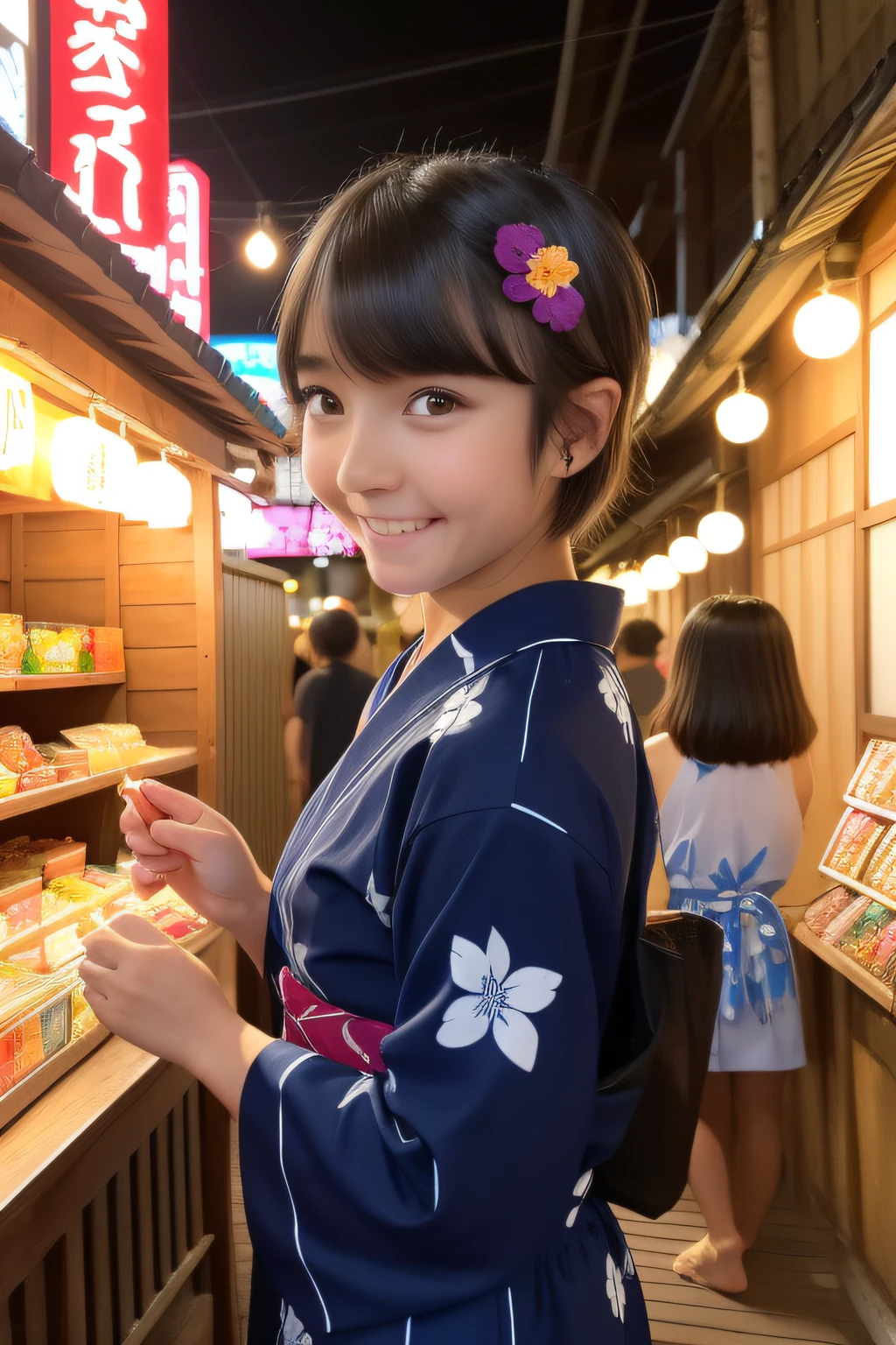 1 girl in、
sixteen years old、
Girls have short hair, 
short-hair、
Black hair, 

Front view,
Summer Festivals、
Japan Festival Venue、
natta、
Wearing a cute yukata,
Cute blue yukata、
floral Yukata、
Obi、
short-hair、
Cute Hair Ornament、

Lined with food stalls、
Have fun、
Goldfish scoop、
Balloon Yoyo、