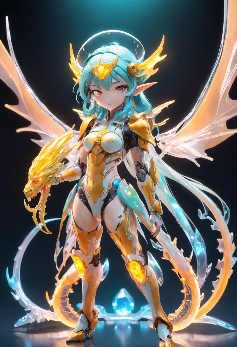 chinesedragon, (Blind box toy style:1.2), (Full body shot) , 1 Transparent adult female elf,Behind him is 2 transparent Chinese dragon, Transparent mech, Exquisite helmet:1.2, Luminous goggles:1.2, Cyberpunk, dreamy glow, luminous neon lights, Clean, White background, ( Global illumination, Ray traching, hdr, unreal render,reasonable design, high detal, Masterpiece, Best quality, hyper HD, Cinematic lighting)