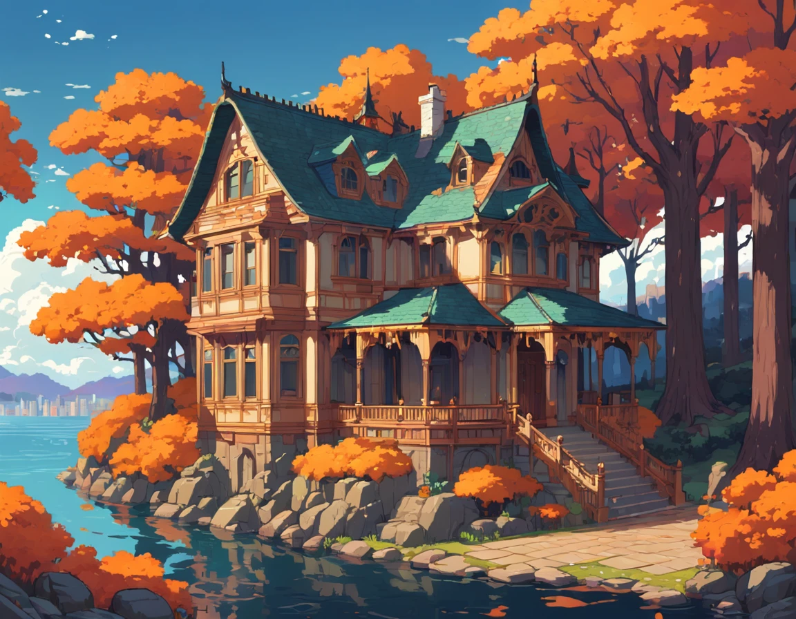 pixel art autumnal house pixel art, in the style of art nouveau-inspired illustrations, calm waters, renaissance-inspired chiaroscuro, cartoonish realism, ps1 graphics, colorful melancholy, rococo pastel