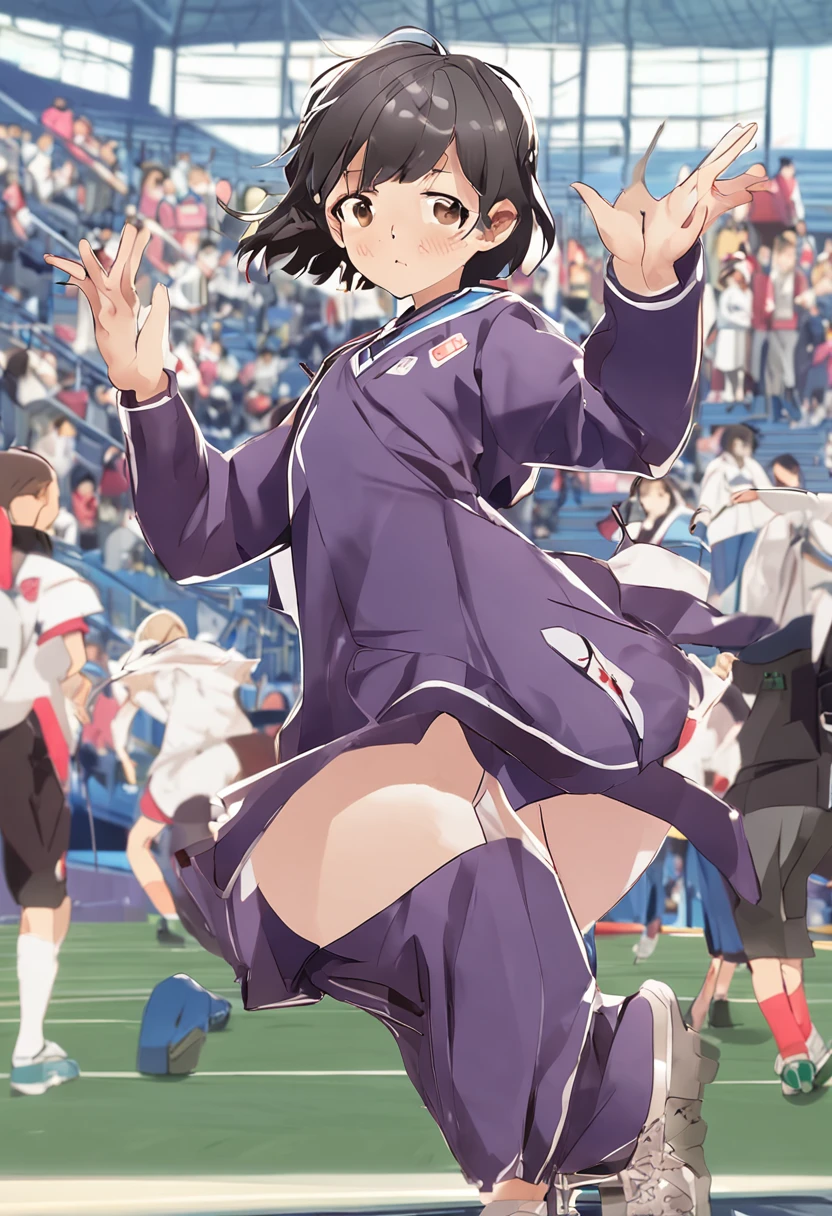 Japan Female Primary and Junior High School Students、Bunkers at the track and field、long jump、track uniform、Very thin、Flight status