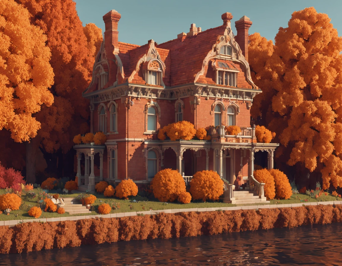 pixel art autumnal house pixel art, in the style of art nouveau-inspired illustrations, calm waters, renaissance-inspired chiaroscuro, cartoonish realism, ps1 graphics, colorful melancholy, rococo pastel