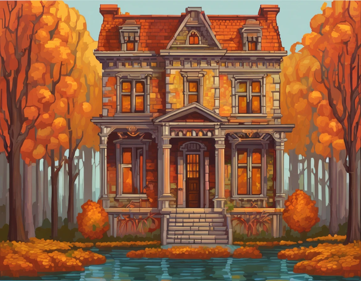 pixel art autumnal house pixel art, in the style of art nouveau-inspired illustrations, calm waters, renaissance-inspired chiaroscuro, cartoonish realism, ps1 graphics, colorful melancholy, rococo pastel