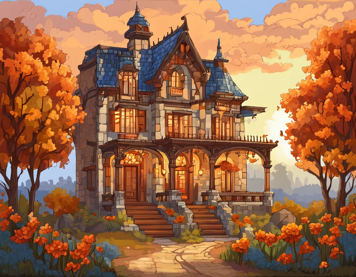pixel art autumnal house pixel art, in the style of art nouveau-inspired illustrations, calm waters, renaissance-inspired chiaroscuro, cartoonish realism, ps1 graphics, colorful melancholy, rococo pastel