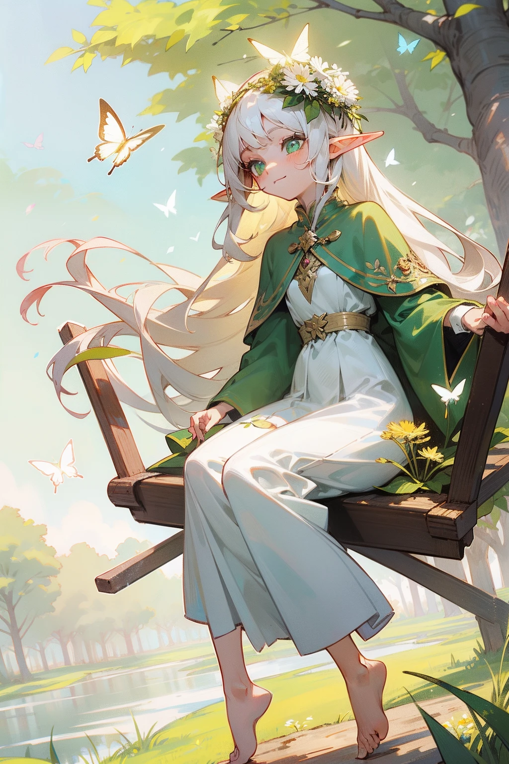 Manhwa Style,whaite hair,longhairwithbangs,the elf,s girl,Green pupils,Small breasts,There is a big tree behind it,Sit on a tree swing,Colorful butterflies fly next to it,Green meadows,Slim clothes,Long skirt style,The eyes are fixed on the dandelion,Dandelion in hand,Wear a wreath on your head,Barefoot,There are many flowers next to the grass,With a smile on his face,The body is fuller,The skin is delicate and snow-white,A few leaves floated down,and the sun was shining brightly,White hair,White dress,