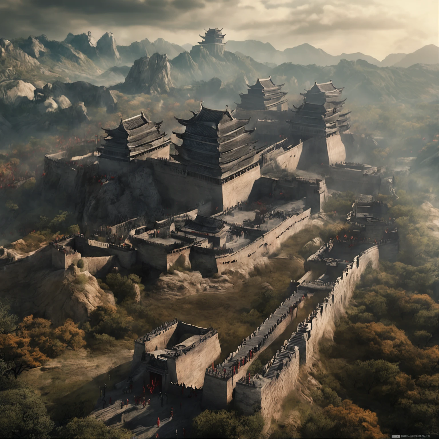 Best quality, Masterpiece, 超高分辨率, (photograph realistic:1.4), surrealism, Dream-like,fusionart, Ancient Chinese Battlefield, Three Kingdoms Battlefield, Alavid view of the castle，There was a group of people standing around, Beautiful rudder depth, in screenshot from the 300 movie, the great wall, fortress mega structure city, mountain fortress city, ( Matte painting, Epic matte painting, elaborate matte painting, epic cinematic matte painting, exquisite matte painting, detailed matte painting, Visually stunning scene,Ancient Chinese soldiers, Chinese soldiers, the great wall, hidden blade,