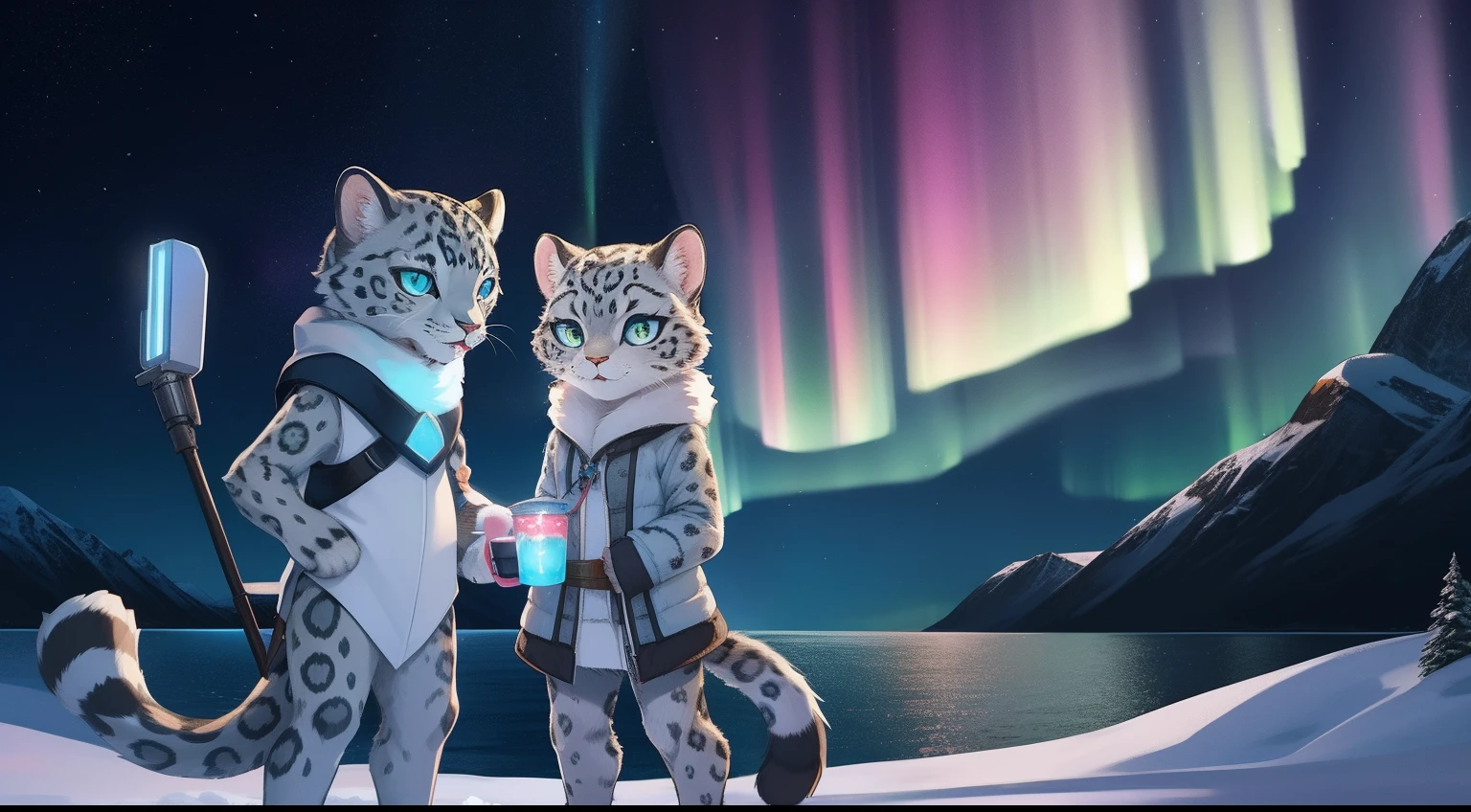 Furry mascot,Standing furry,Handsome and furry,Furry Fur,Standing furry fur,Furry snow leopard,Standing snow leopard,Lovely image,snow leopard,Cute furry,Large research vessels,Snow leopard on ice,Beautiful aurora,Look at the aurora, Long, Fluffy tail,In the Arctic,The ship is brightly lit,,is in night,nigh sky, Winters,stars,Close-up of cute characters