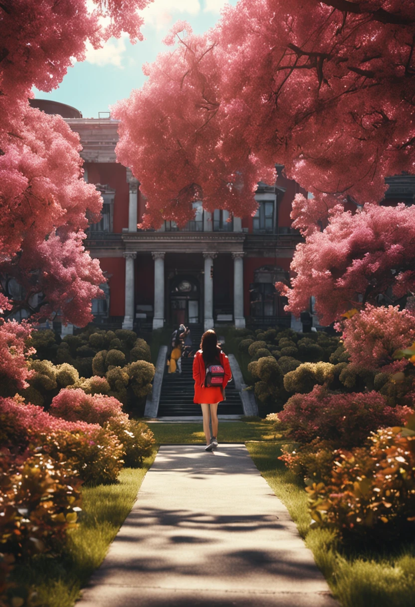 Female students on campus、run、ssmile、Red runway playground、Big green tree、youthfulness