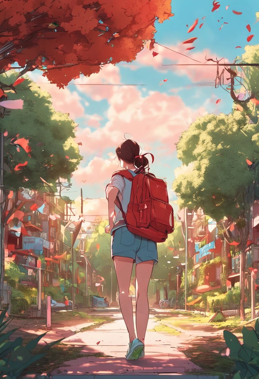 Female students on campus、run、ssmile、Red runway playground、Big green tree、youthfulness