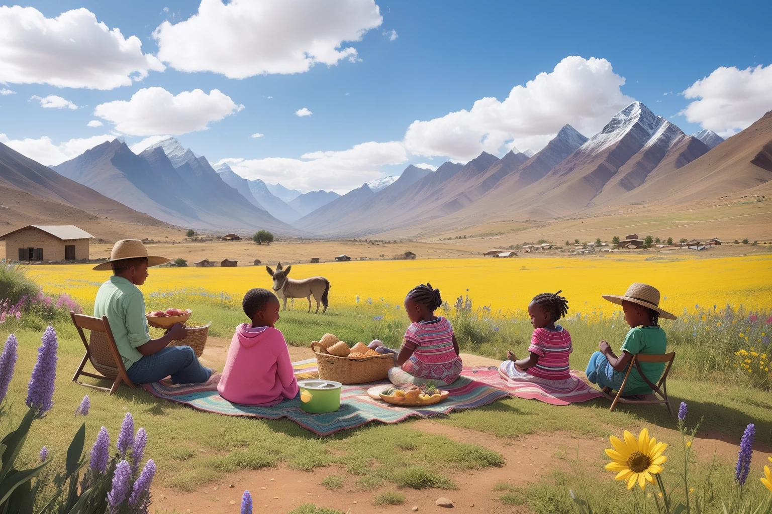 Year: 2020
Country: Lesotho
Description: Against the stunning backdrop of the Maluti Mountains, an upper-middle-class family enjoys a picnic on a grassy hillside. They sit around a vintage checkered blanket, savoring local delicacies and sharing laughter amidst the vibrant wildflowers.