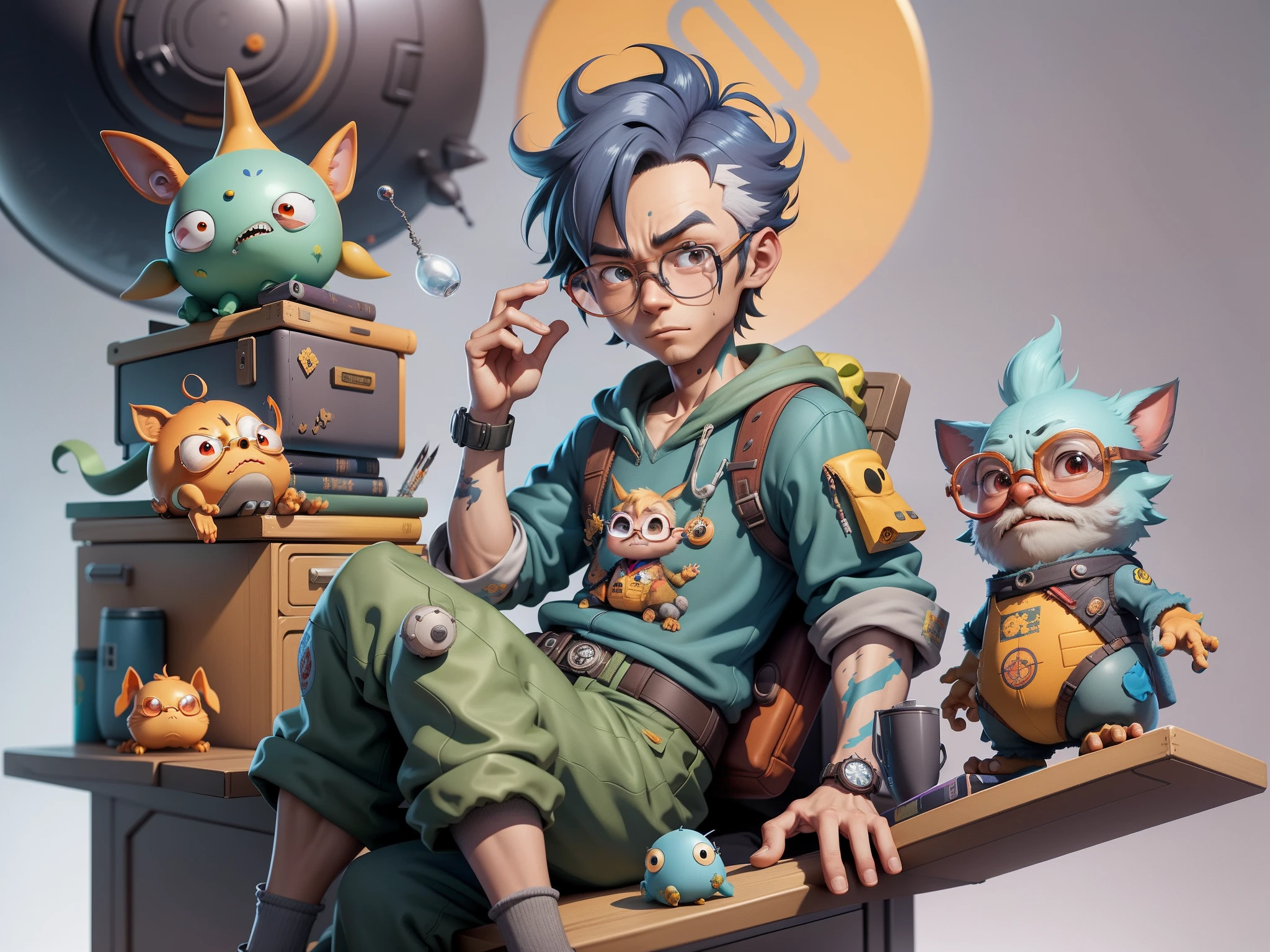A young man with glasses sits at his desk,holding laptop,digitial painting,3D character design by Mark Clairen and Pixar and Hayao Miyazaki and Akira Toriyama,4K HD illustration,Very detailed facial features and cartoon-style visuals。
