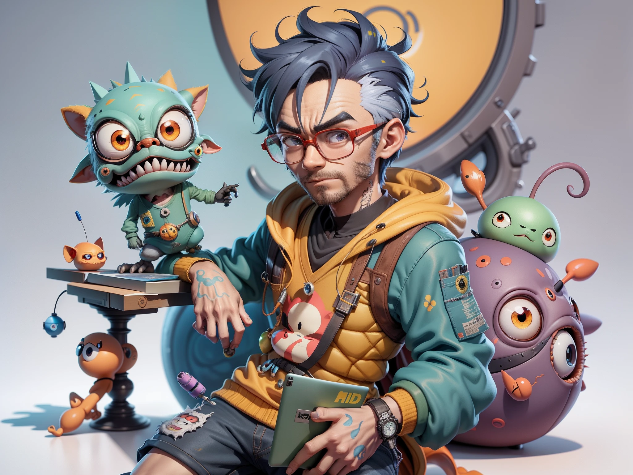 A young man with glasses sits at his desk,holding laptop,digitial painting,3D character design by Mark Clairen and Pixar and Hayao Miyazaki and Akira Toriyama,4K HD illustration,Very detailed facial features and cartoon-style visuals。