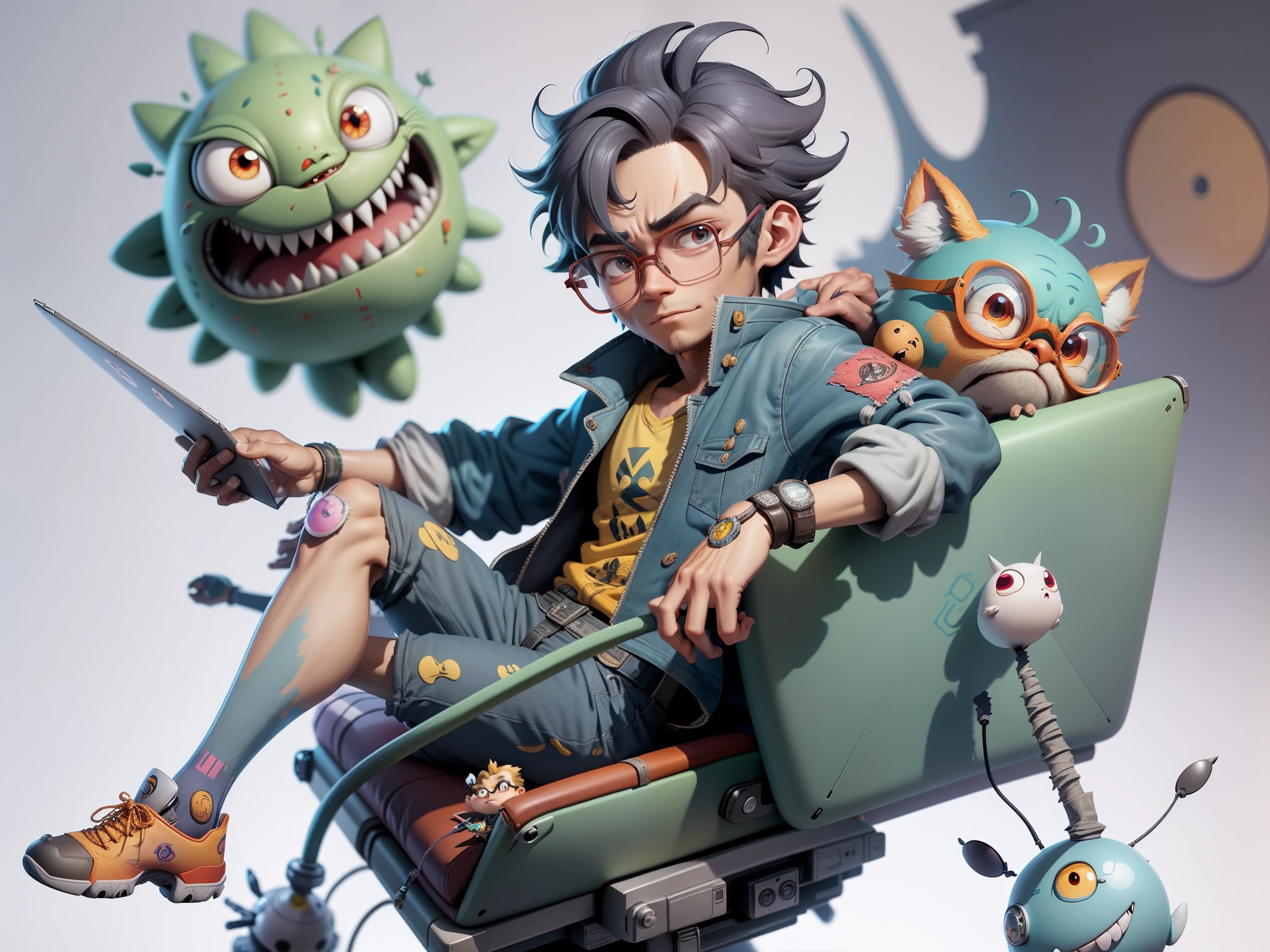 A young man with glasses sits at his desk,holding laptop,digitial painting,3D character design by Mark Clairen and Pixar and Hayao Miyazaki and Akira Toriyama,4K HD illustration,Very detailed facial features and cartoon-style visuals。