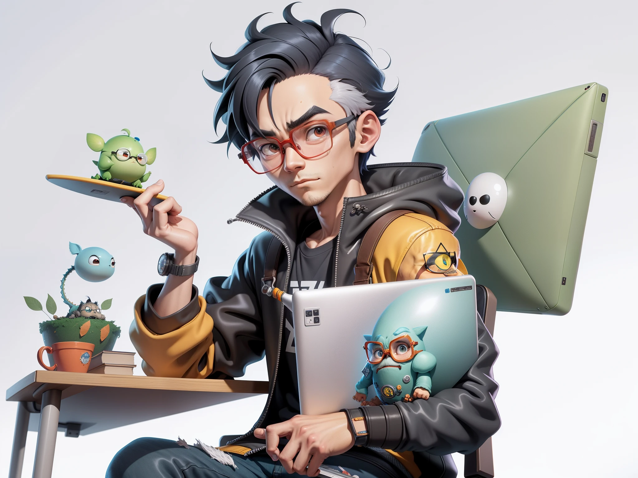 A young man with glasses sits at his desk,holding laptop,digitial painting,3D character design by Mark Clairen and Pixar and Hayao Miyazaki and Akira Toriyama,4K HD illustration,Very detailed facial features and cartoon-style visuals。