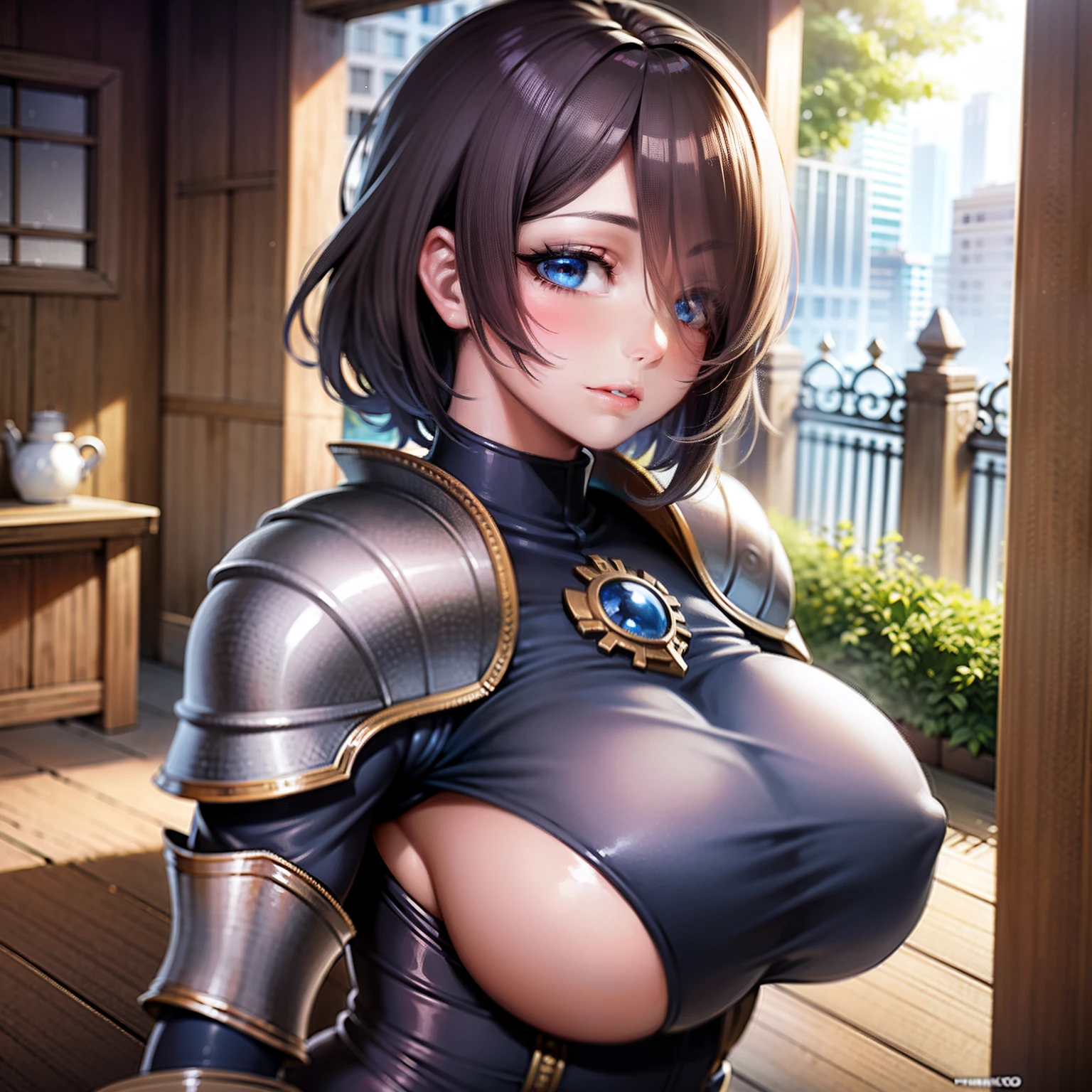 Masterpiece, Best quality, Highly detailed, Sexy, Curvy, A MILF, 1girll, Red spiked hair, Armor, Blue eyes, Short hair, Solo, view the viewer, parted lip, Upper body, bangs, gate, chest plate, Building, sky, window, Blush, rain, hair between eye, Night, The helmet has been removed, Shoulder armor, Indoors, Star \(sky\), pauldrons, Light particles, dark mole, Eyebrows visible through hair, titmouse,Outdoors, Masterpiece, Best quality, Game cover art , Add_detail:1, Hair over eyes, hair on one eye, huge boob, titmouse, Extremely large_Breasts!! with the type of boobs_melons,