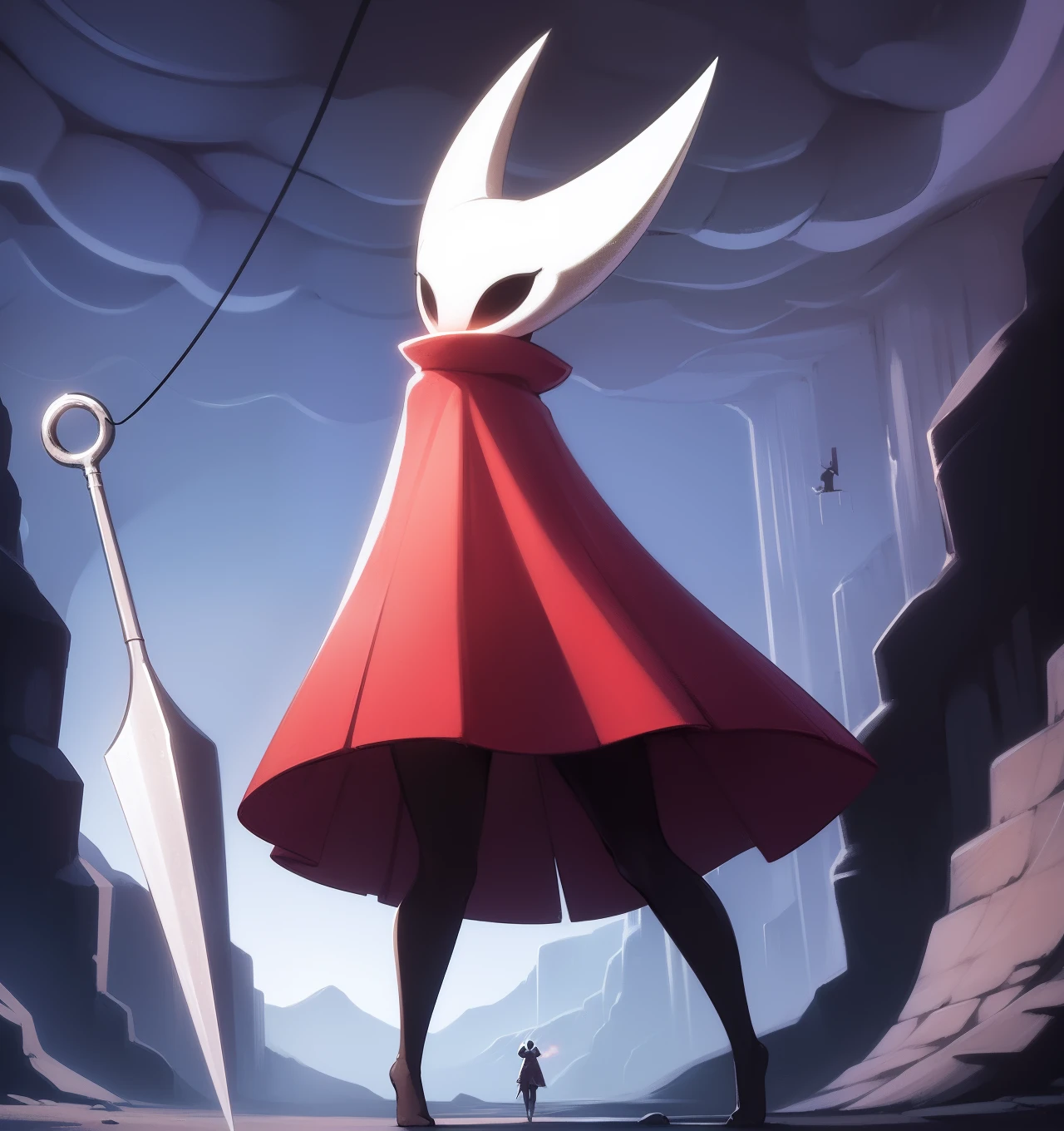 hornet, cute, chibi, no feet, furry female, anthro, needle weapon, thread, standing, solo, red cloak, (best quality), (detailed dark cave background:1.2), looking at viewer, holding weapon, flat colors,