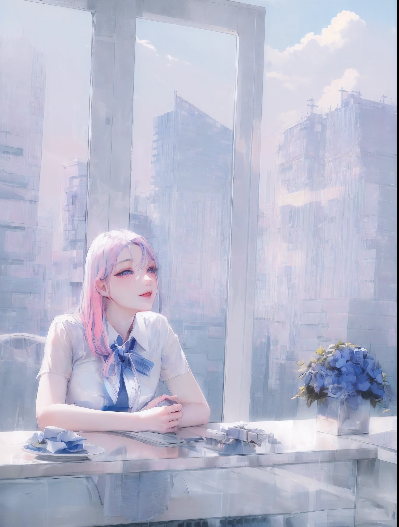 official art, masterpiece, sharp focus, (beautiful gorgeous cute Korean woman:1.3), (beautiful cute korean:1.3), korean beauty, Delicate and beautiful hair and eyes and face, realistic, ultra detailed, beautiful girl, blue sky, glow white particle, (sidelighting:1.2), sun light, white cloud, detailed clouds, slender, Lovely very large breasts and very large hips, smile with teeth, ((smile with eyes, open both eyes)), scenery, long straight hair, sexy facial expression, building, (cityscape:1.7), dynamic hair, long straight hair, detailed platinum pink hair, glow blue eyes, (blue pleated shirts + white skirt), white long socks, pale skin, hair ornament, epic scenery,