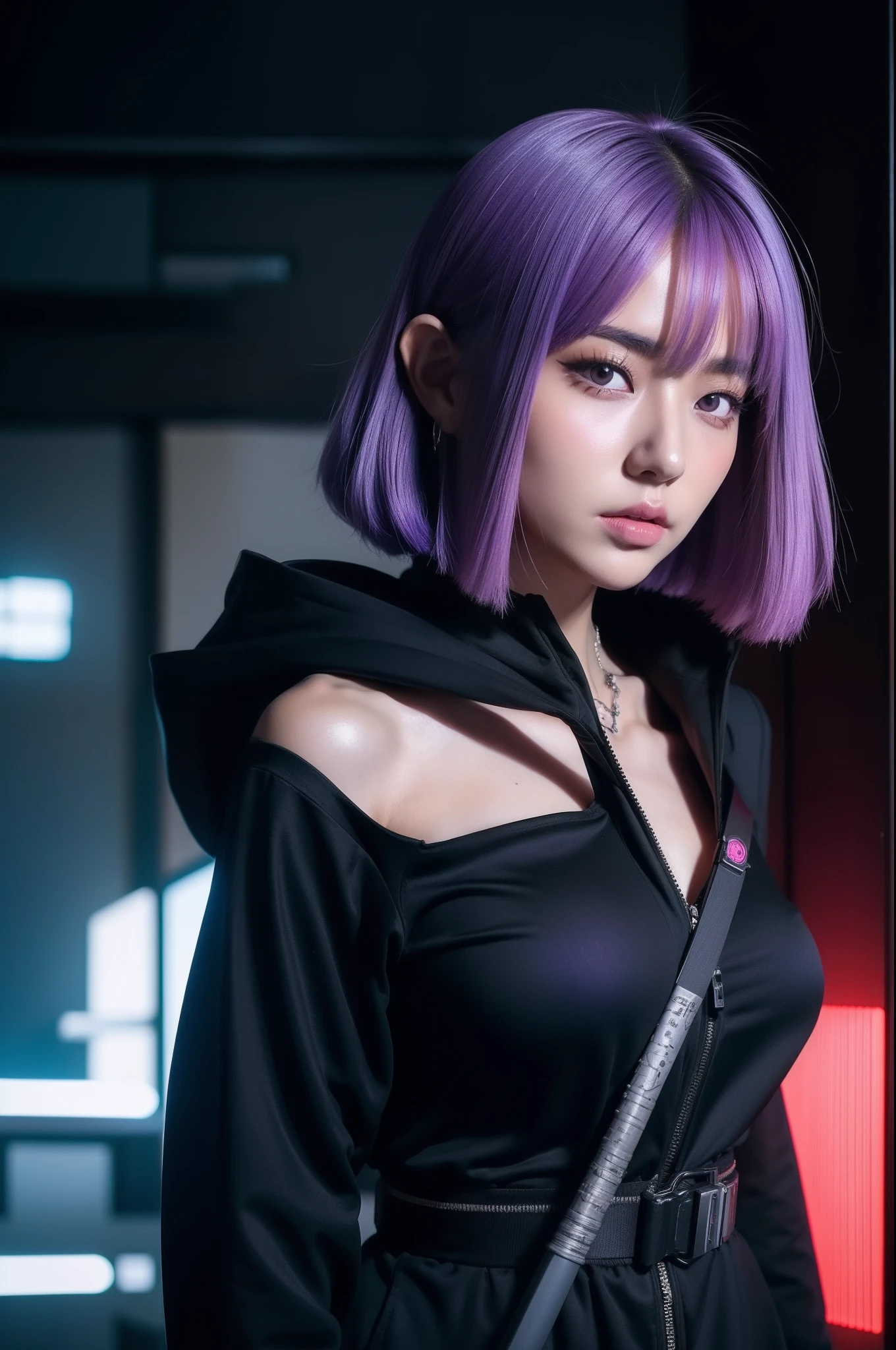 anime girl in a black outfit with a sword in her hand, very beautiful cyberpunk samurai, digital cyberpunk anime art, anime cyberpunk art, cyberpunk anime girl mech, cyberpunk anime girl, cyberpunk anime art, female cyberpunk anime girl, cyberpunk geisha, digital cyberpunk - anime art, cyberpunk samurai, anime style 4 k, badass anime 8 k, cyberpunk anime girl in hoodie, beautiful south korean woman, korean girl, beautiful young korean woman, korean woman, heonhwa choe, korean women's fashion model, sexy look, big breast, sexy pose, show breast, light purple hair