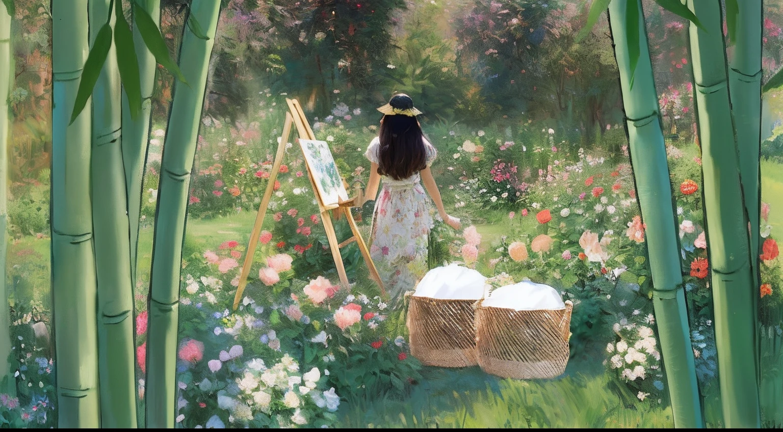 In a garden,The left and right front scenes are bamboo,Draw a woman in the middle of the garden,Next to it was a basket of cotton, On the left is an easel,The drawing of the easel is a T-shirt,inspired by Naomi Okubo, Aesthetic art, on the garden, inspired by Kim Du-ryang, dreamy scenes, Album art, In the garden, on the garden, inspired by Juan Luna, at summer afternoon, cottagecore flower garden, DreamlikeArt, dream scenery art
