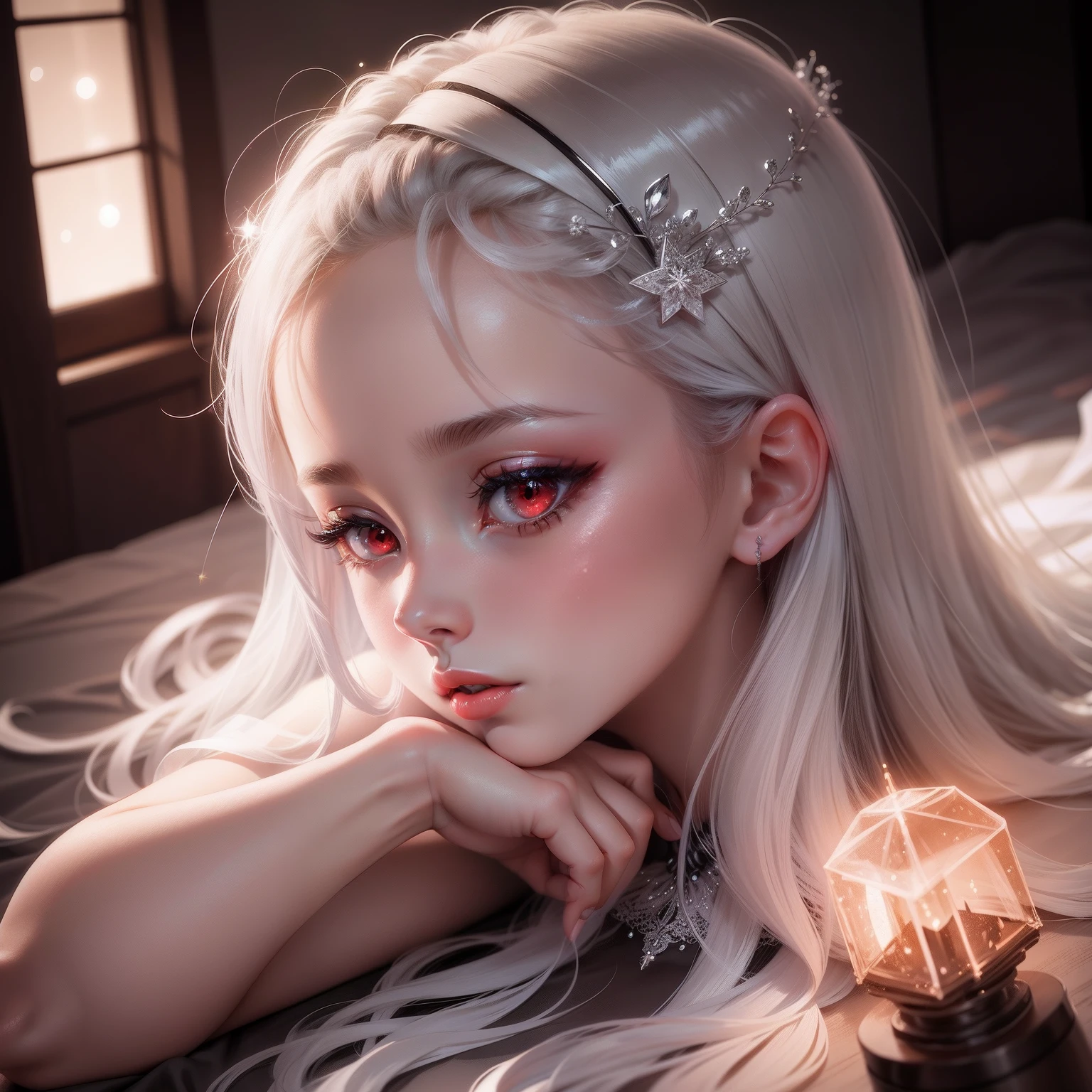 girl, light color, 16K, transparency, dress, shining effect, red eyes, side view, delicate hand drawn world, sparkle, lips are pulled, little devil, profile, low angle, Japanese, monochrome, cool