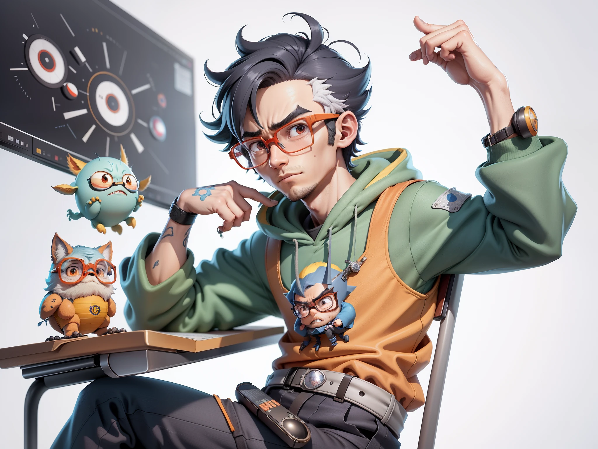 A young man with glasses sits at his desk，holding laptop，digitial painting，3D character design by Mark Clairen and Pixar and Hayao Miyazaki and Akira Toriyama，4K HD illustration，Very detailed facial features and cartoon-style visuals。