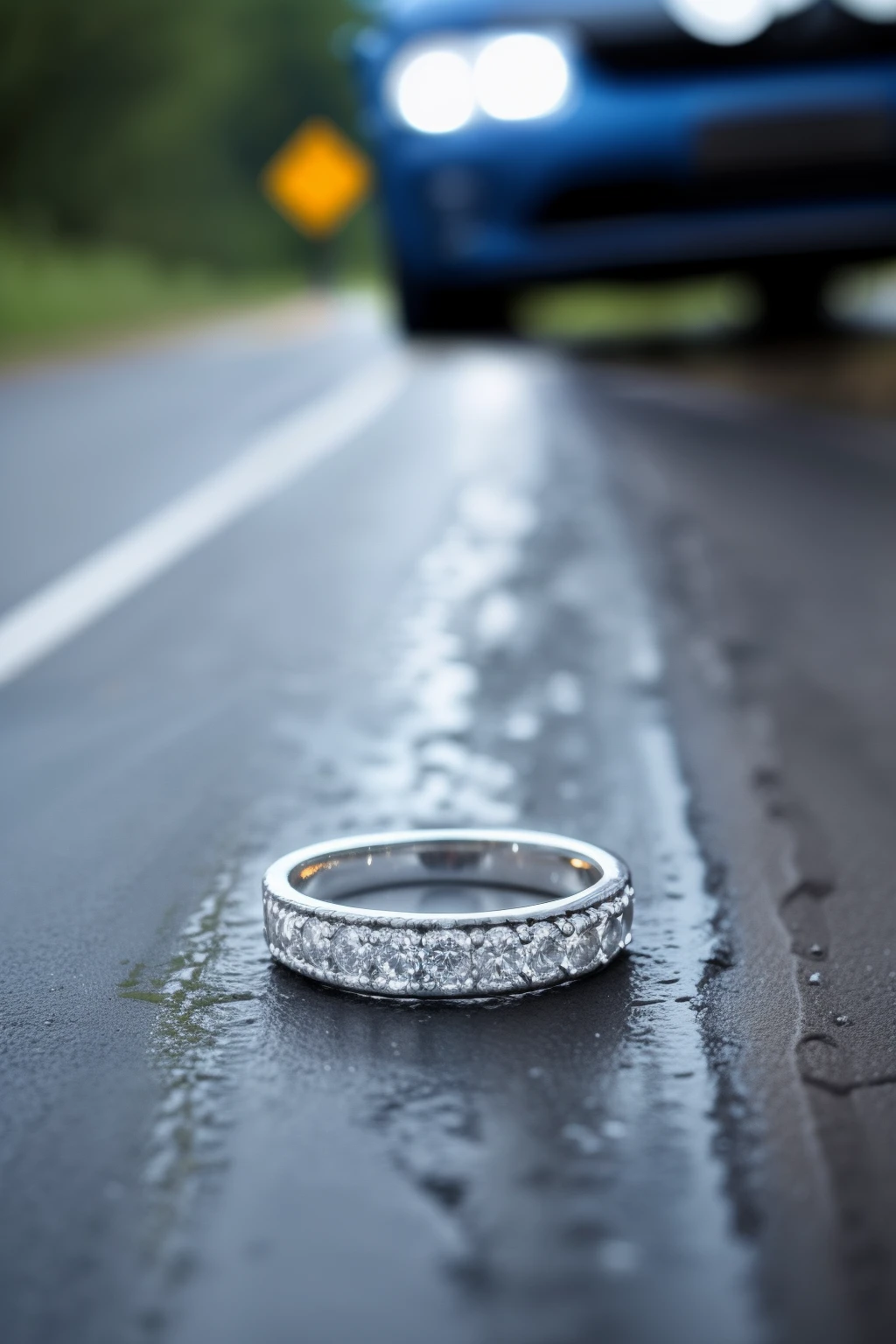 A wedding ring lying in front of me, on a road wet with rain, a car accident, --auto